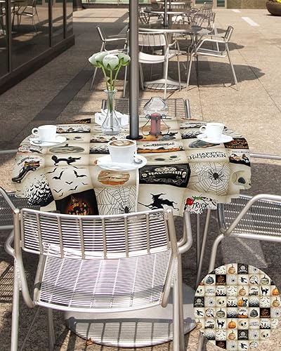 Miniatura 5 de Manteles de Halloween para exteriores con agujero para sombrilla y cremallera, diseño de calavera de murciélago y calabaza, gato negro, a cuadros,