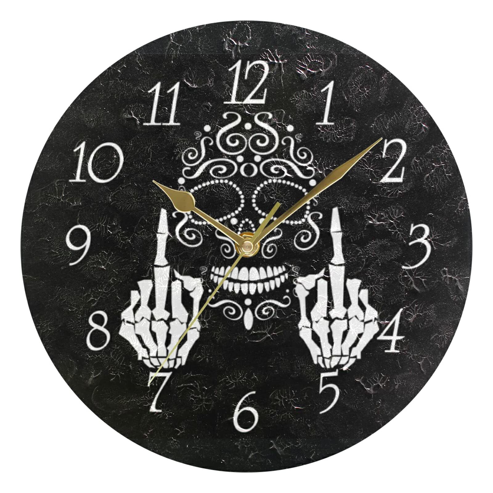 Poeticcity Multi 18 White Sugar Skull With Middle Finger Up Rock Roll On Black Wall Clock, Silent Non-Ticking Easy To Read Round Decorative Wall Clock With Gold Hands For Home Office School 9.5" In Diameter