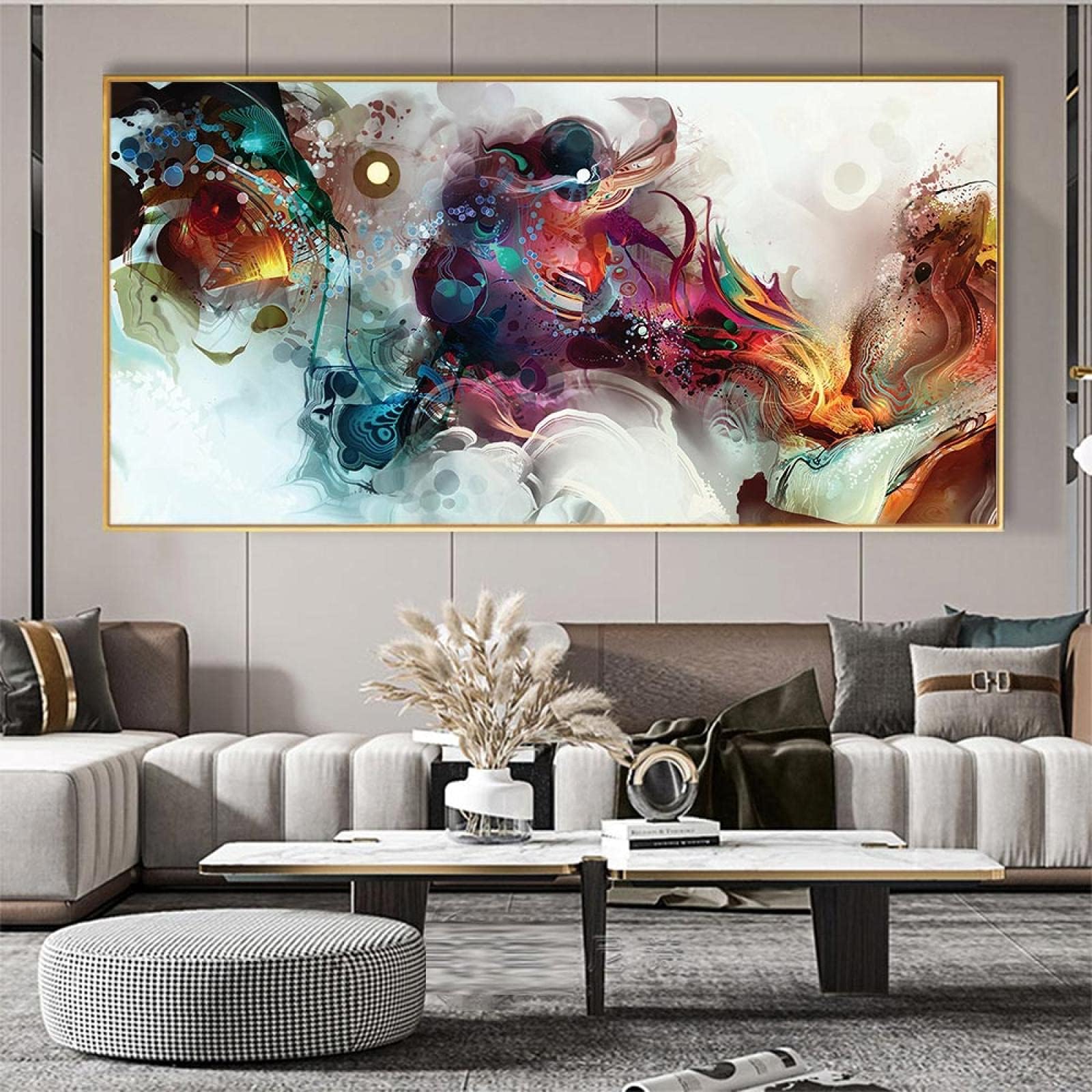 HYFBH Colorful Ocean Abstract Canvas Painting Print Poster Art Oil Painting Landscape Large Modern Wall Picture for Living Room 80x140cm/32x55inch With-Gold-Frame