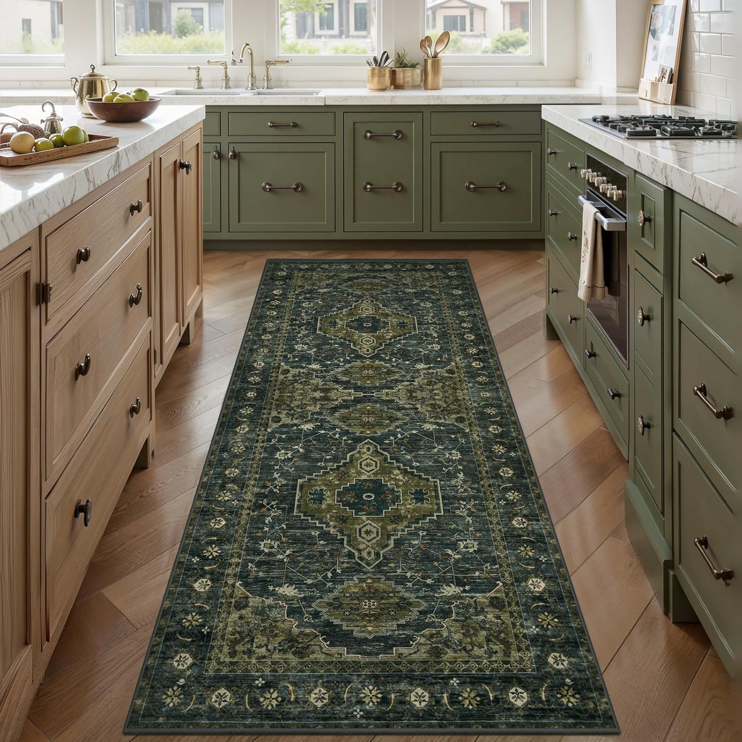 Tangsoo 2x6 Green Washable Runner Rug for Hallways, Non Slip Vintage Runner Rug, Soft Low Pile Long Rug Runner, Print Carpet Runners for Kitchen Bedroom Entryway Bathroom Living Room Olive Green