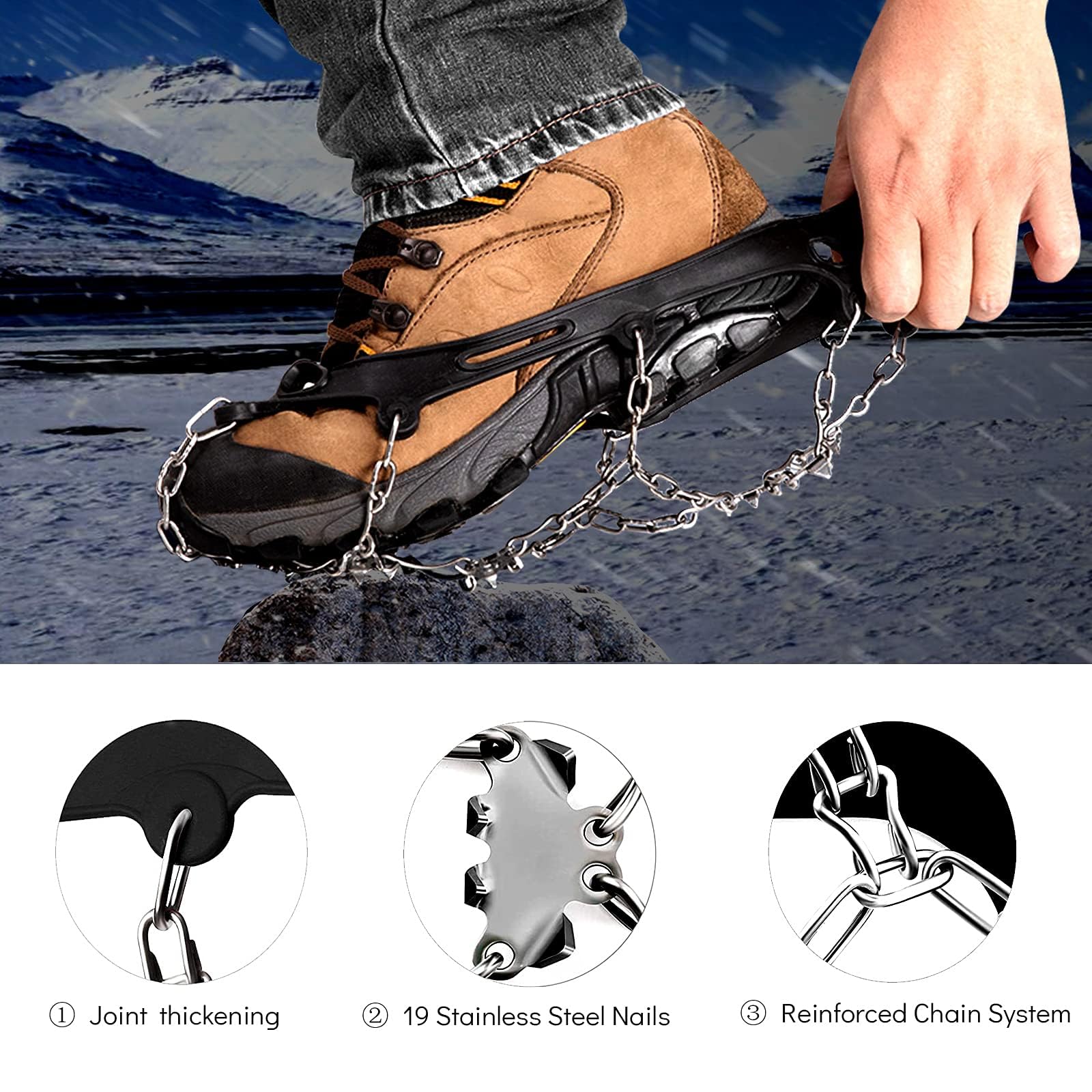 Sfee Ramponi da neve per ghiaccio, tacchetti di trazione, 19 punte in acciaio inox, per donne, uomini, bambini, antiscivolo, flessibili, per scarpe/stivali, per passeggiate, arrampicata, escursionismo