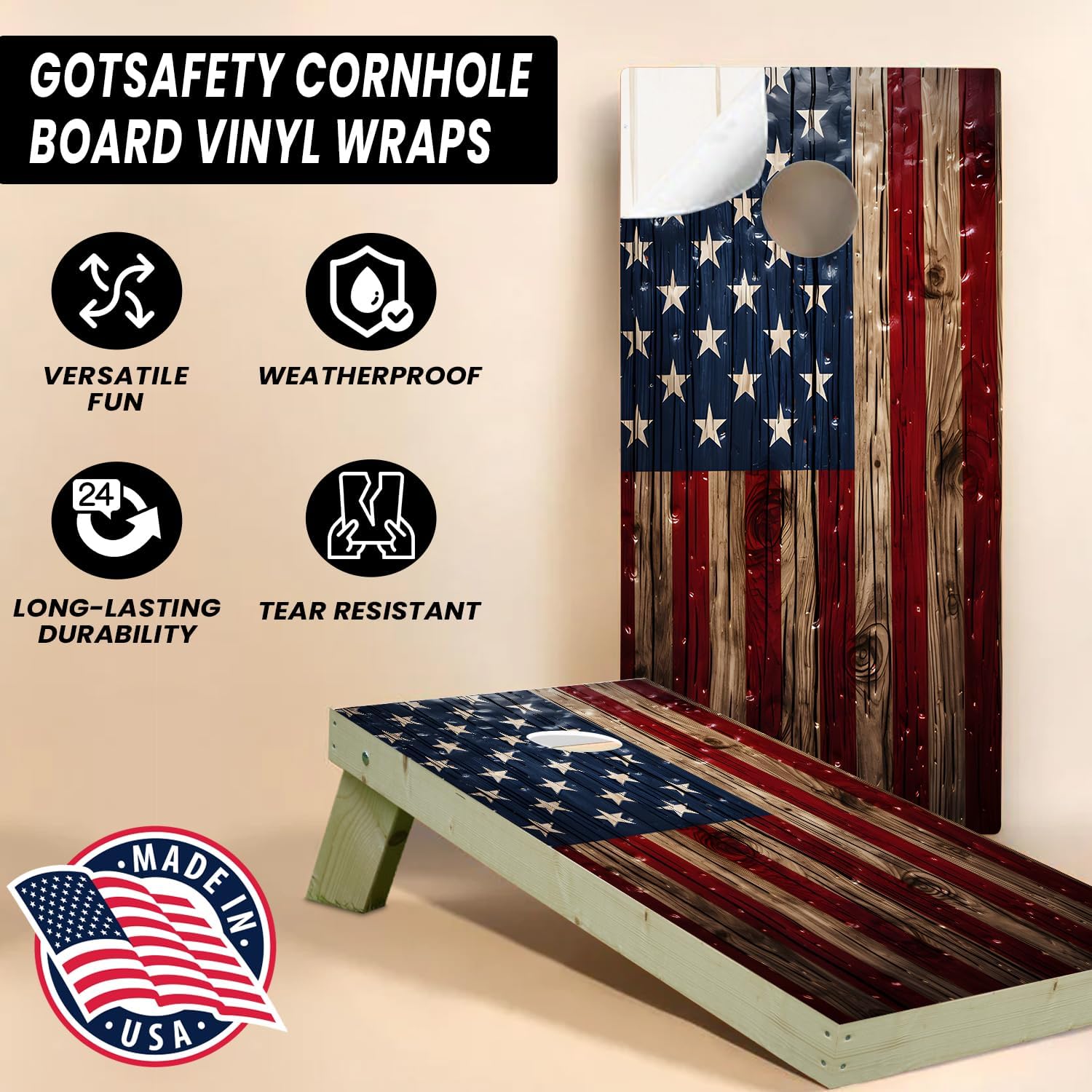 Gotsafety Patriotic American Flag Cornhole Decal, Cornhole Board Vinyl Wraps Only - Durable and Easy to Apply & Adhesive - UV Printing, Set of Two - Cornhole Skins for Boards (48” x 24”) - Pitted
