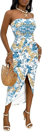 Umenlele Women's Tube Strapless Dress Blue Pattern Small