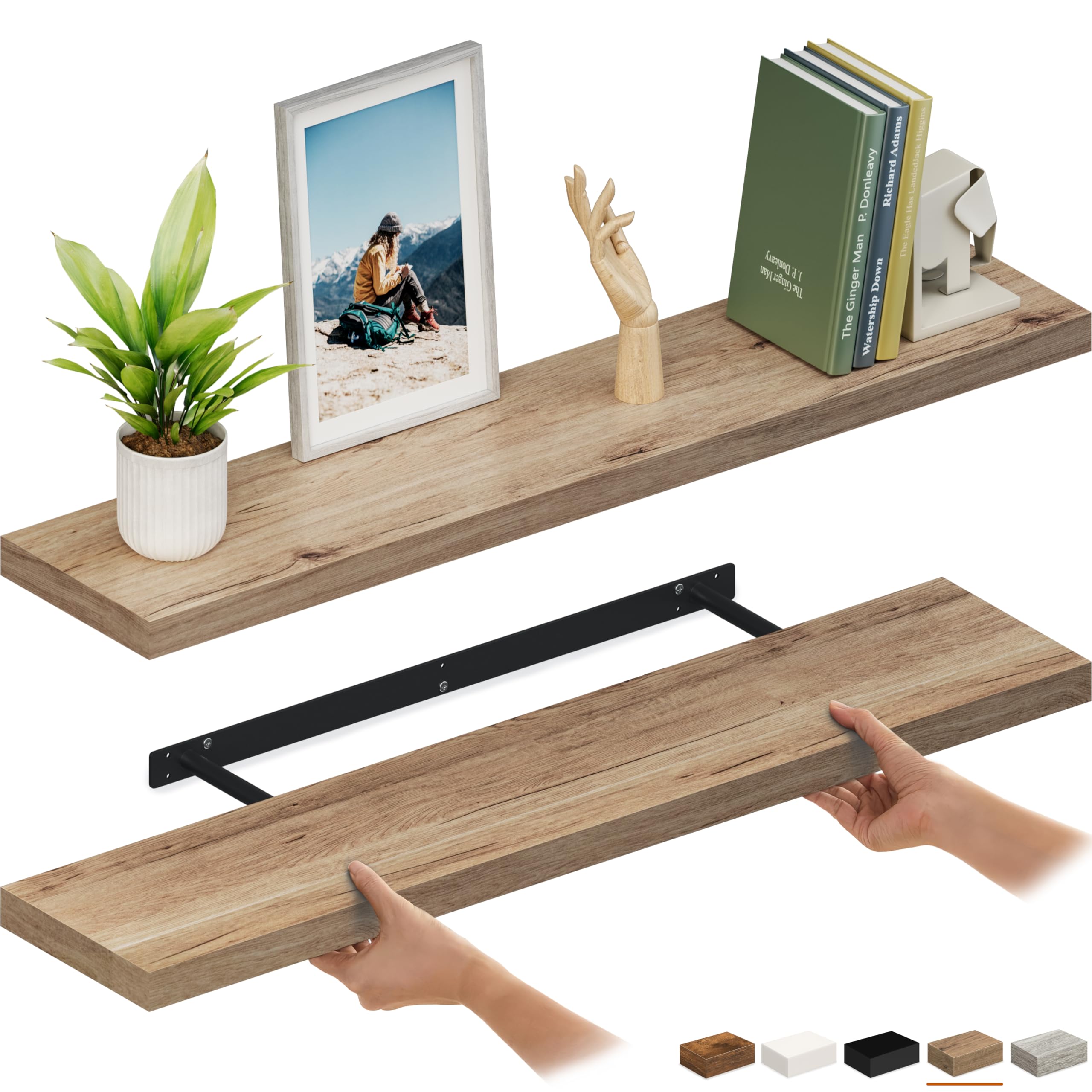 Ballucci Floating Shelves for Wall, 48" Wood Wall Shelf Set of 2, with Invisible Brackets for Bathroom, Living Room, Bedroom, Kitchen, Nursery, 8"