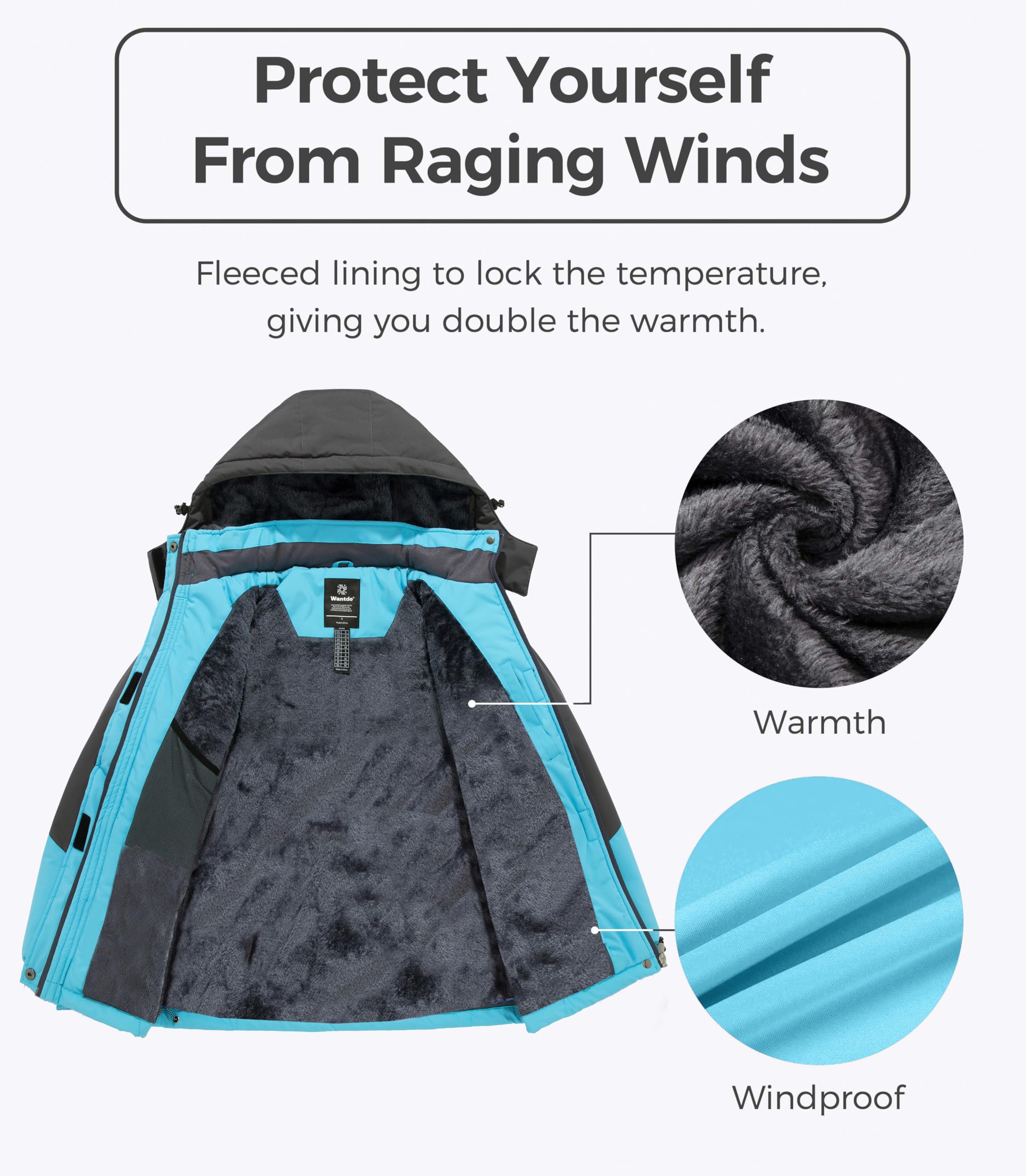 Wantdo Giacca da Sci Donna Felpata Cappotto con Cappuccio Invernale Blu XL