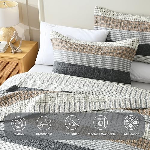Vista 38 de Finlonte Juego de edredón tamaño King, colcha a rayas marrón, verde, beige, edredón reversible ligero para todas las estaciones, 3 piezas