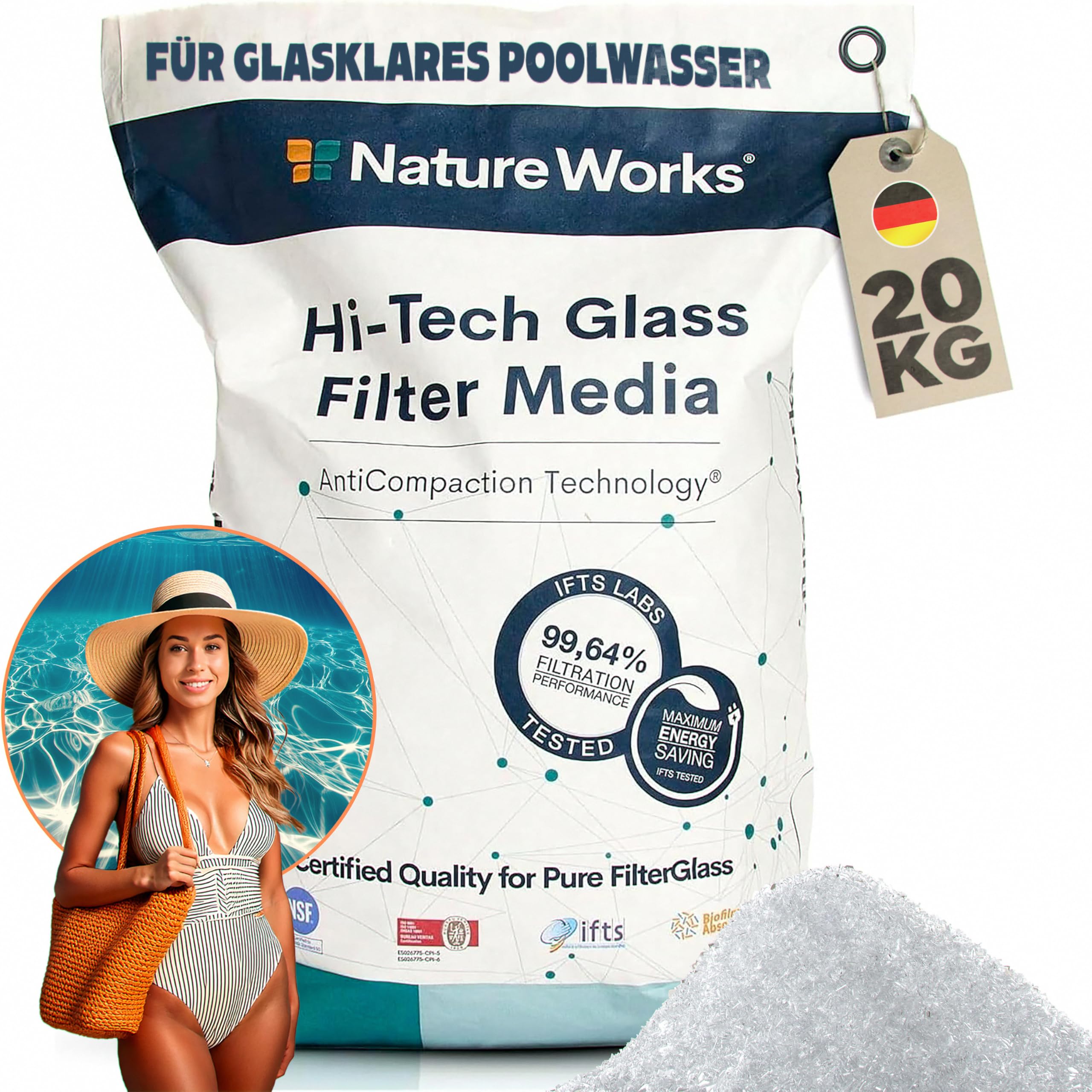 poolomio Nature Works Hi-Tech Filterglas (20 kg) für Pool-Sandfilteranlagen, aus naturreinem Glas, kristallweiß, umweltschonende Alternative zu Sand, Ø Körnung: 0,8 mm
