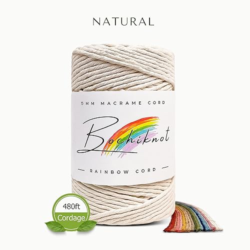 Miniatura 2 de BOCHIKNOT Cordón de macramé de 5 mm - Cordón de macramé de una hebra - Cordón de algodón para macramé y anudado - Suministros de cuerda de macramé