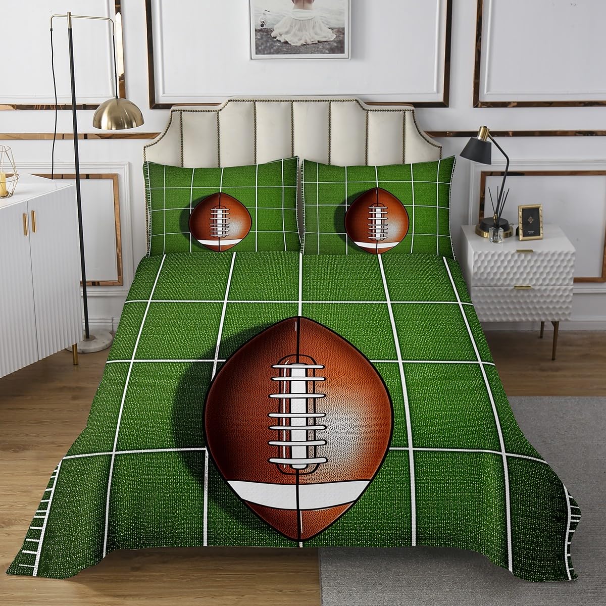 Castle Fairy Rugby Coverlet Set Twin Size,Soccer Field Sports Games Quilted Coverlet for Kids Children Room,American Football Bedspread 2 Piece Quilt Set with 1 Pillow Sham