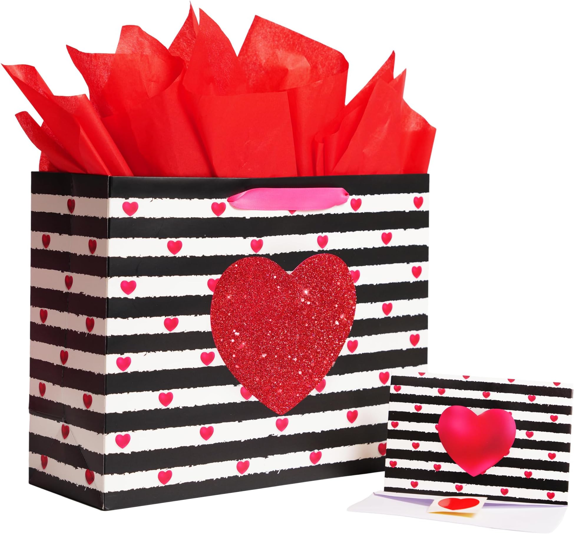 13" Large Gift Bag with handle & Red Tissue Paper and Greeting Card for Valentine's Day Wedding Birthday Anniversary and so on.