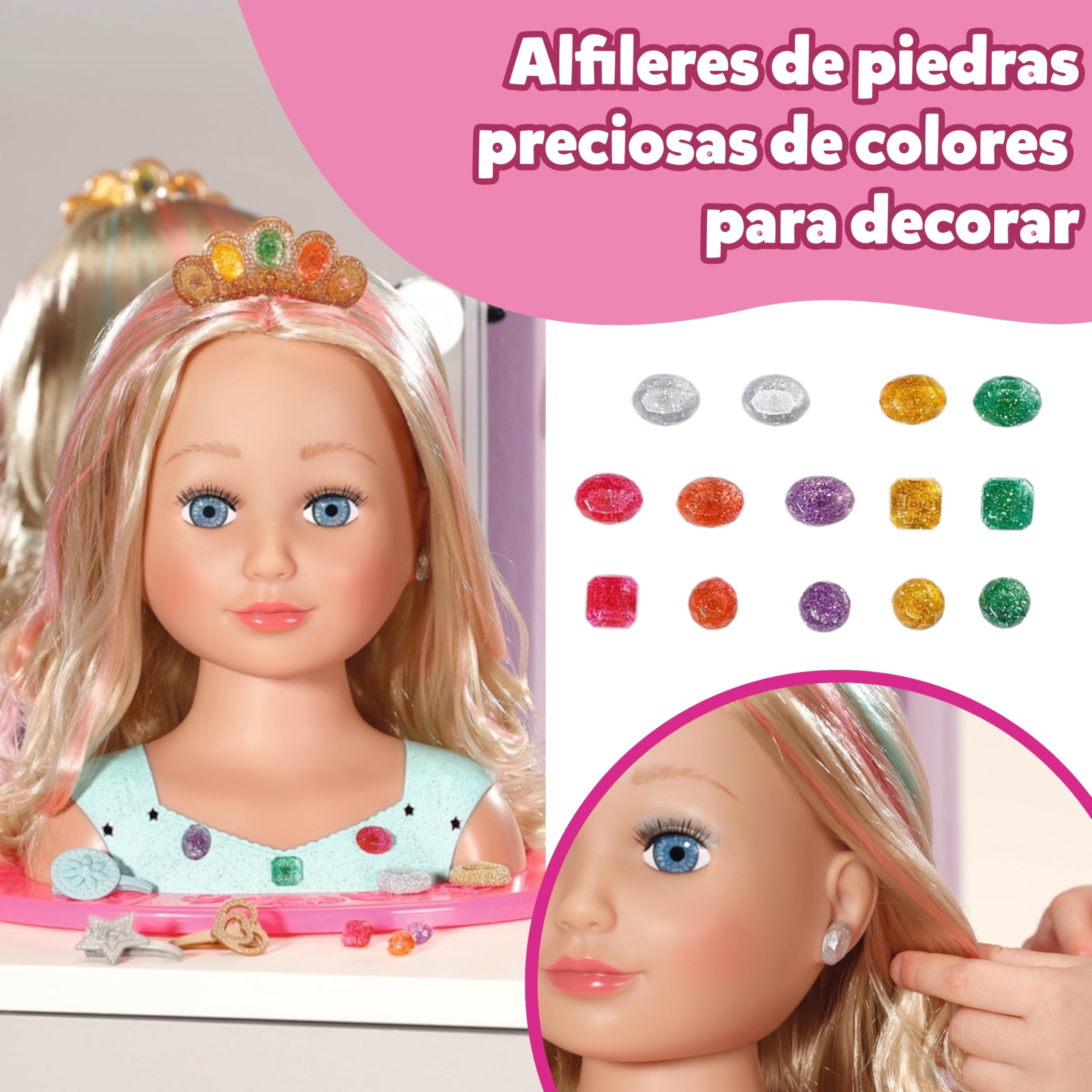 Baby born Cabeza de Peinado Princesa con Accesorios | Paleta de maquillaje, cepillo y accesorios de peinado, pelo largo