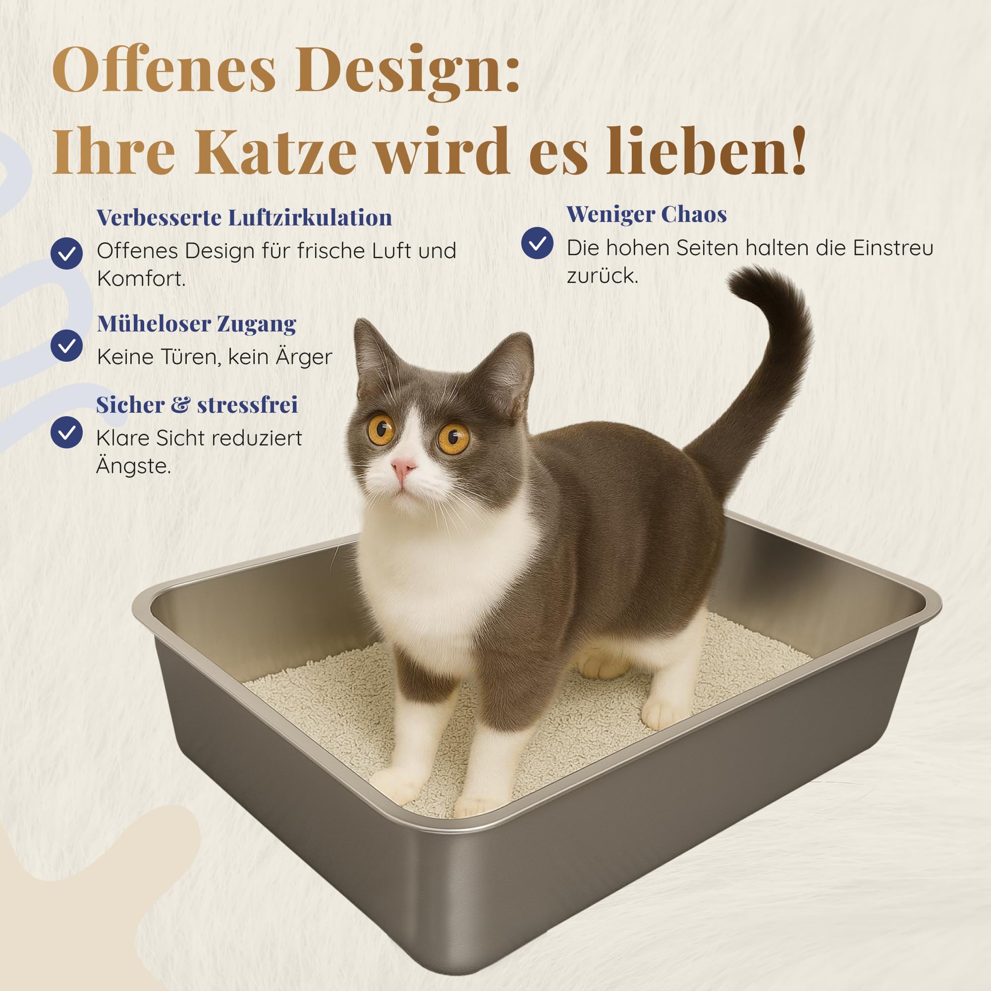 Lettiera per gatti in acciaio inox, XXL, facile da pulire, resistente agli odori, 60 x 40 x 15 cm, rivestimento antiaderente, adatta per gatti grandi e piccoli, conigli