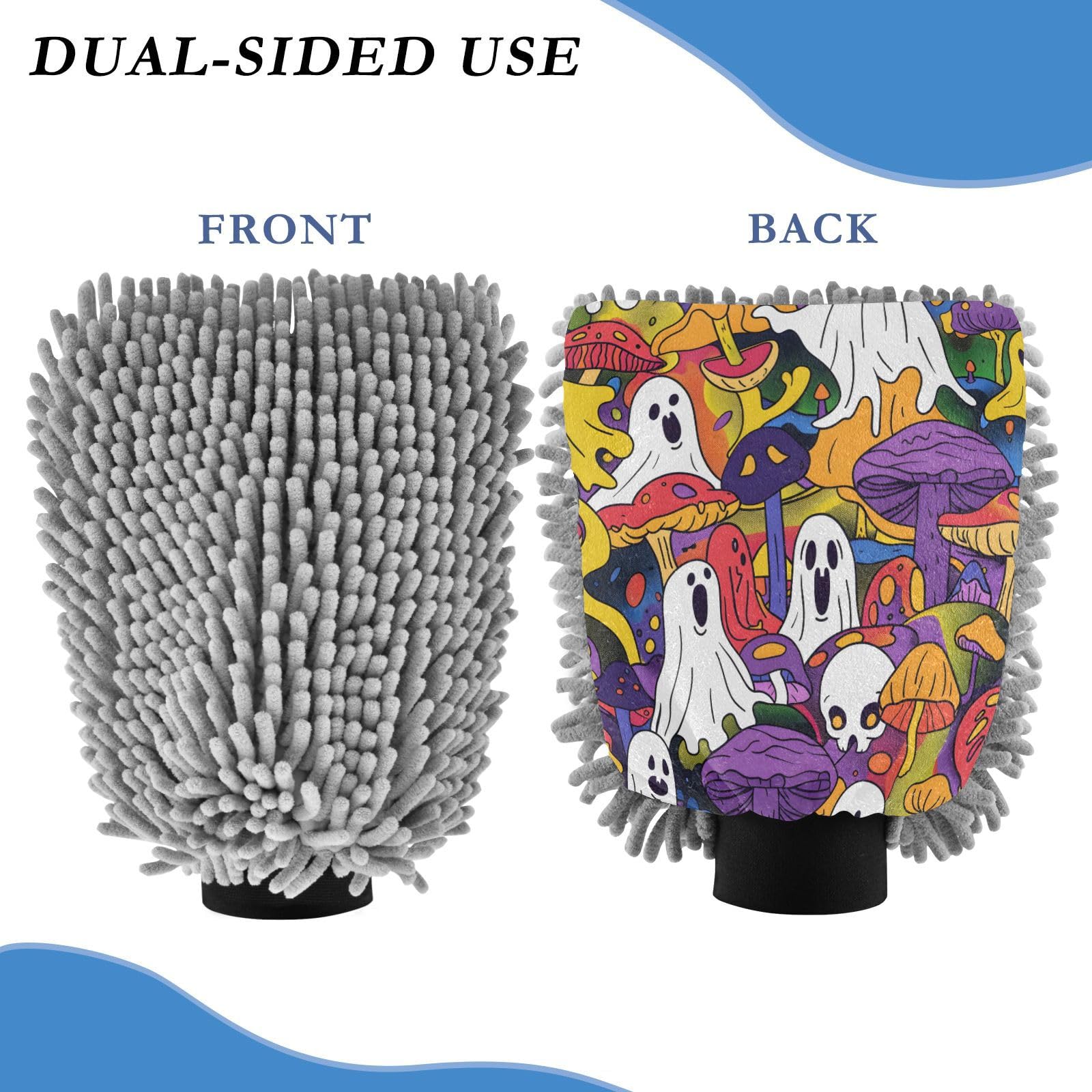 ALAZA Halloween Ghosts Mushroom Car Wash Mitt Scratch Free, 2 Pack Absorbent Microfiber/Chenille Washing & Drying Mitts, L