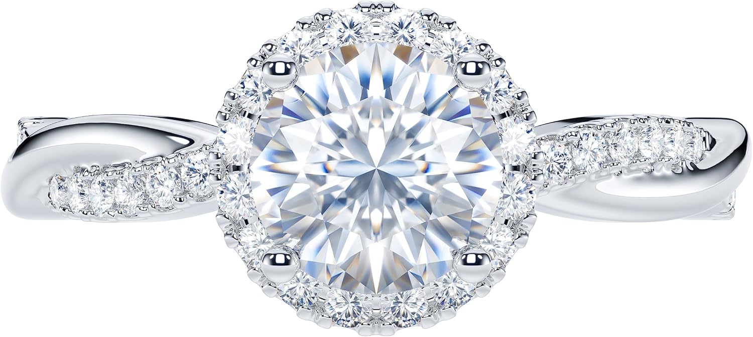 THELANDA Sterling Silver Petite Twisted Vine 1CT Round Brilliant Cut Genuine Moissanite Halo Engagement Ring Promise Ring - Image 2