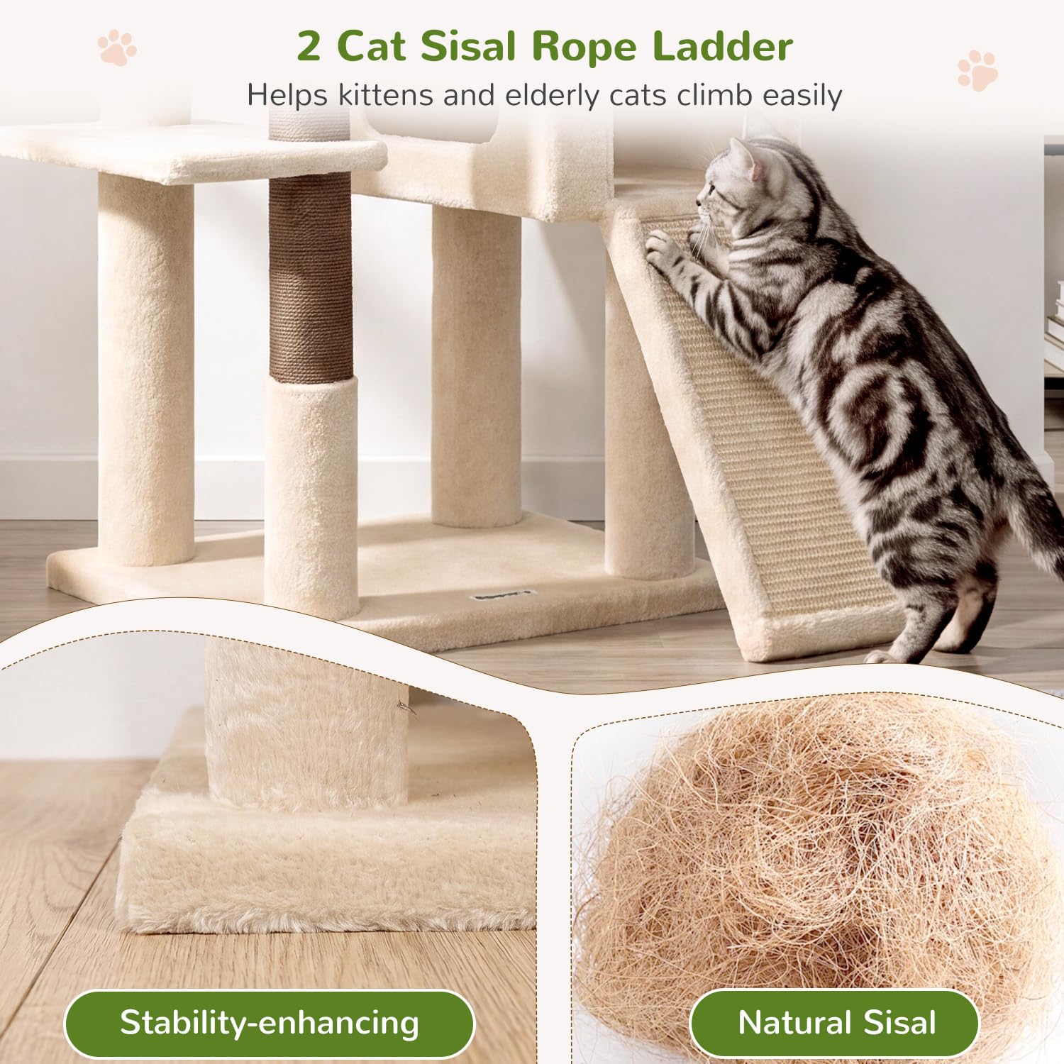 Globlazer Árbol Rascador Beige XXL Estable 190 cm para Grande Gatos F74C | Diseño estable y antivuelco, 2 Tabla Rascar Sisal, manual ilustrado.Árbol Rascador para Grande Gato Adulto Gatos Más de 7 kg.
