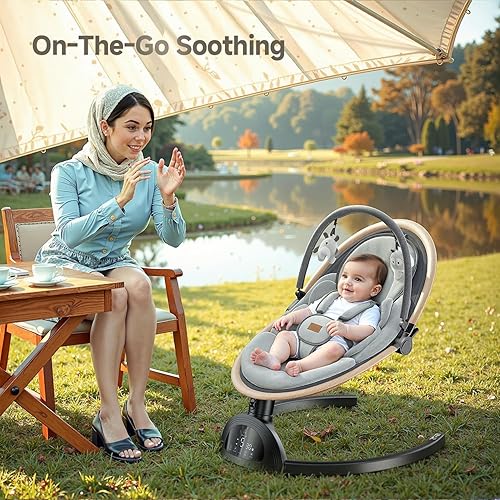 Miniatura 7 de Columpios eléctricos para bebés, columpio infantil con altavoz de música, 3 posiciones de asiento, 5 velocidades y control remoto para niño recién