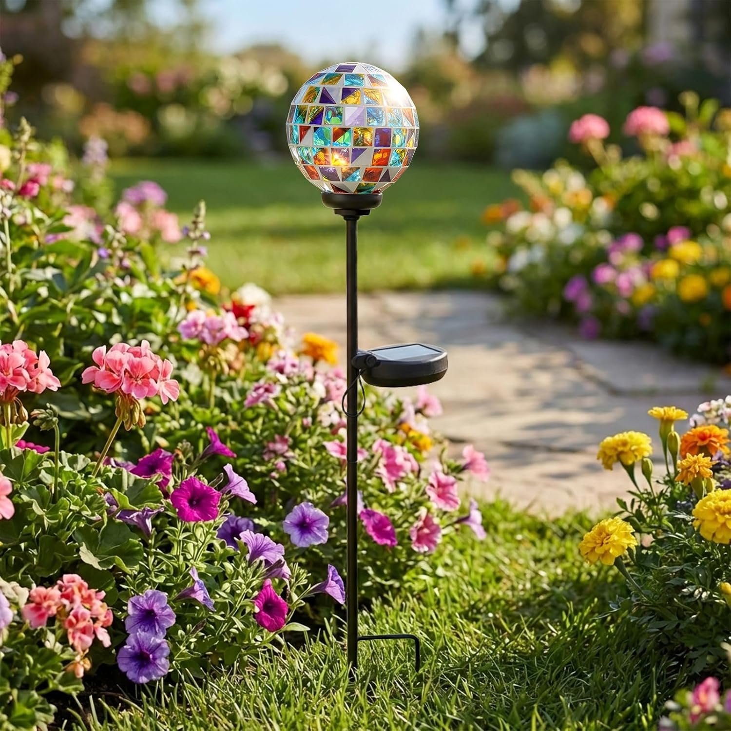 VCUTEKA Solar Lights Outdoor Decorative - Waterproof Mosaic Solar Garden Light, LED Pathway Stake for Landscape Lawn Patio Yard, Solar Globe Lights Outdoor, 1 Pack Multi
