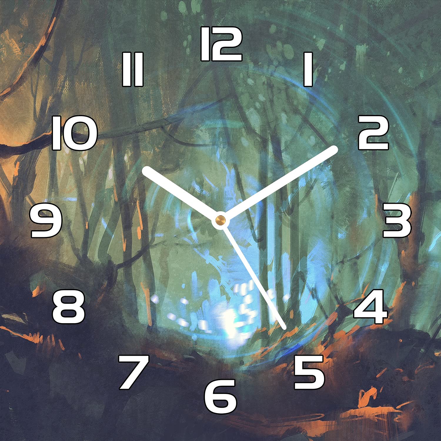 Horloge en verre murale cuisine 30x30 cm pendule moderne aiguilles blanches salon forêt sombre