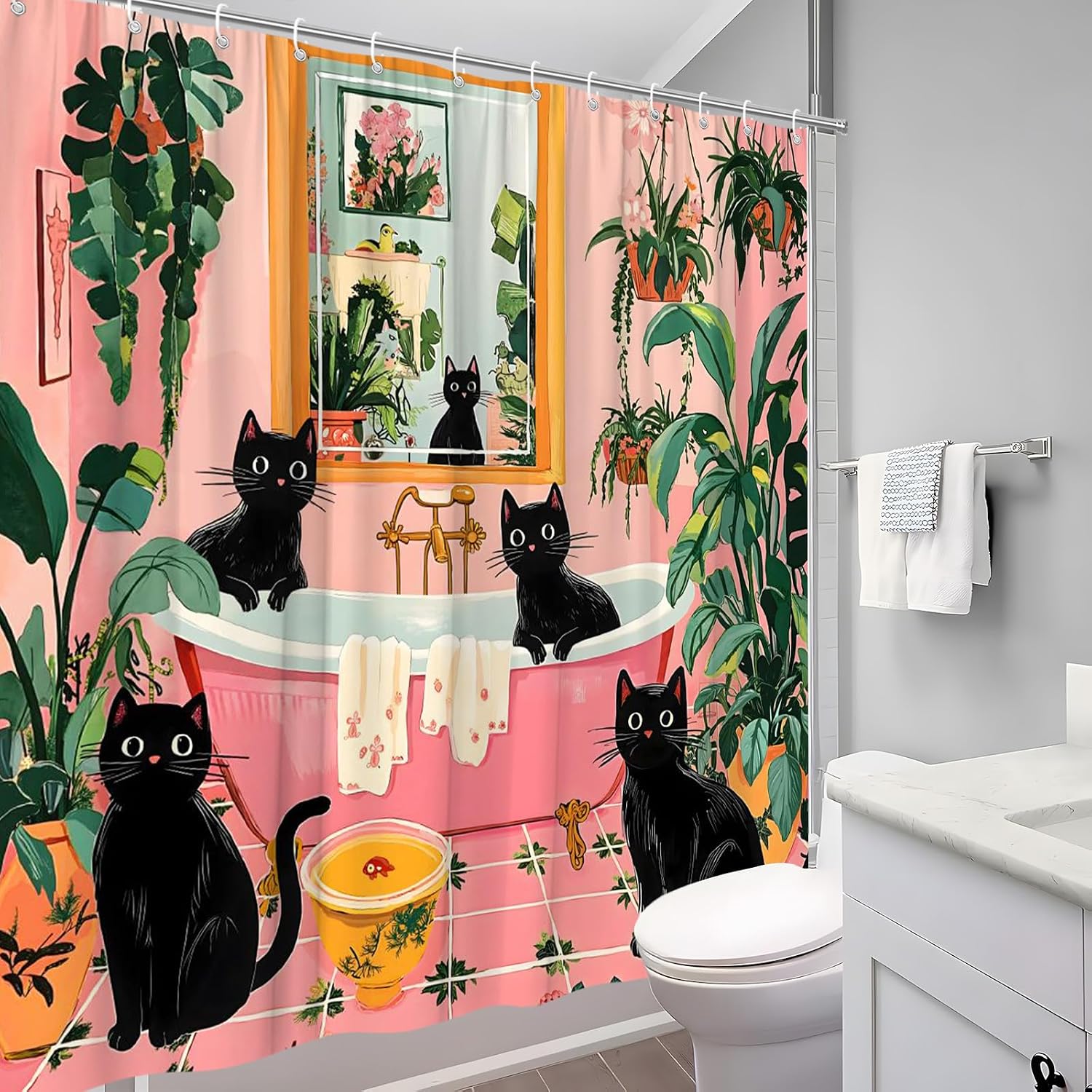 Funny Cat Shower Curtain, Cute Black Cats Boho Animal Palm 70x70 in image 5