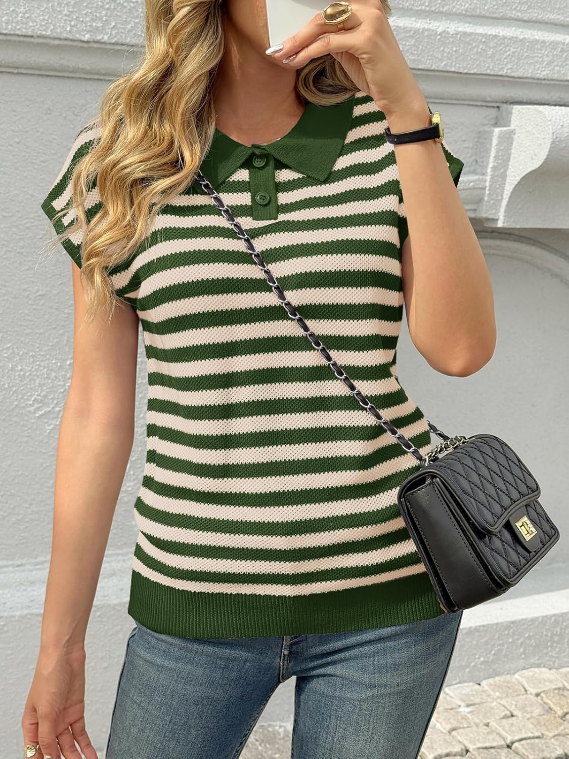 Saodimallsu Womens Striped Polo Sweater Cap Sleeve Summer Top Button V Neck Collared Knit Pullover Shirts - Image 2