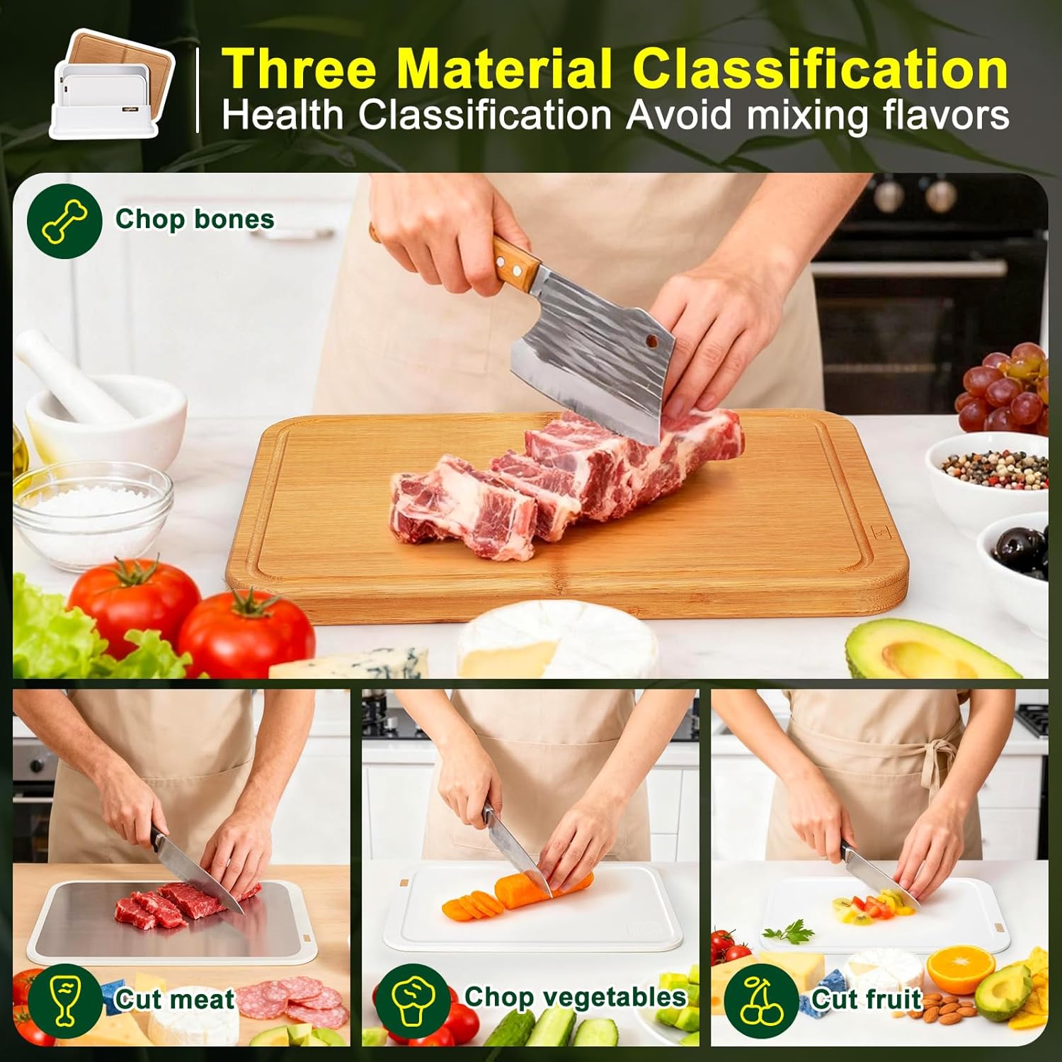 Cutting Boards for Kitchen, cutting board set, 3Pcs Plastic bamboo stainless cutting board, Dishwasher Safe Cutting Boards with Juice Grooves for Meat, Veggies, Fruits, Easy Grip Handle, Non-Slip
