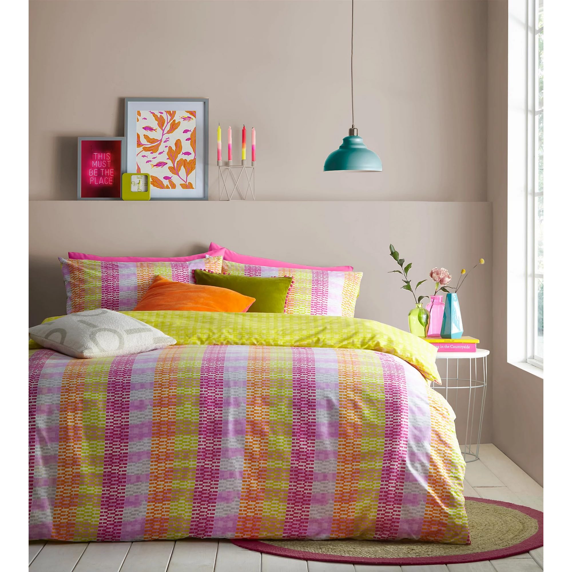 furn. Neola Striped Double Duvet Cover Set - Pink - Polycotton Blend