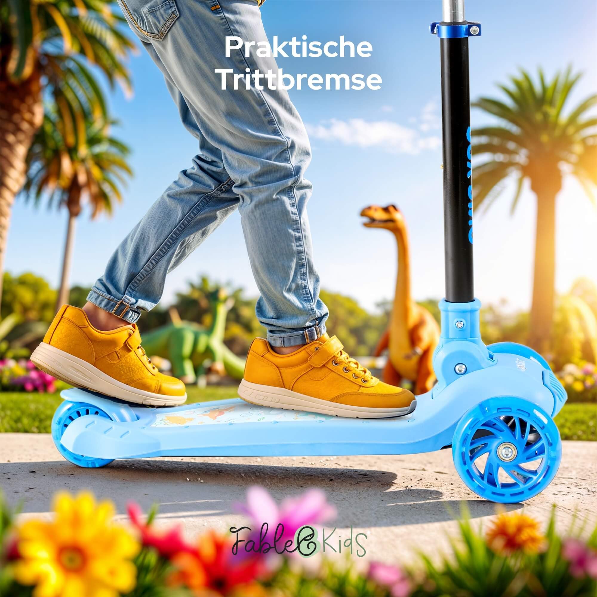 FableKids Kinderscooter Cityroller Tretroller Scooter höhenverstellbar | klappbar | LED-Räder | Tritt-Bremse | für Kleinkinder ab 3 Jahren | bis 50 kg belastbarer Roller | Kickroller