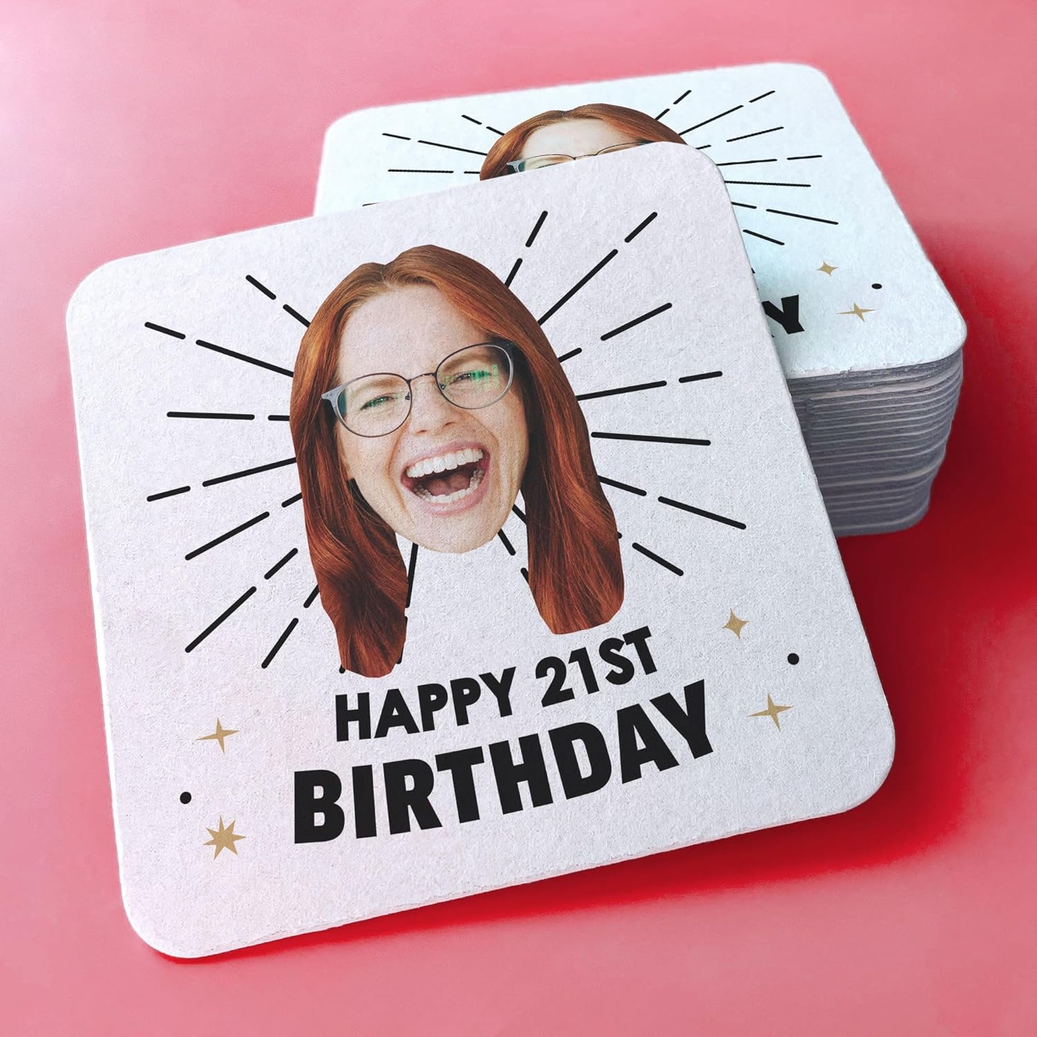 Big Dot of Happiness Custom Photo Happy Birthday Drink Coasters, 4-Inch Disposable Square Paper Coasters for Fun Face Starburst Birthday Party, Custom Funny Cocktail Table Decor for Bar Drinks 100 Ct