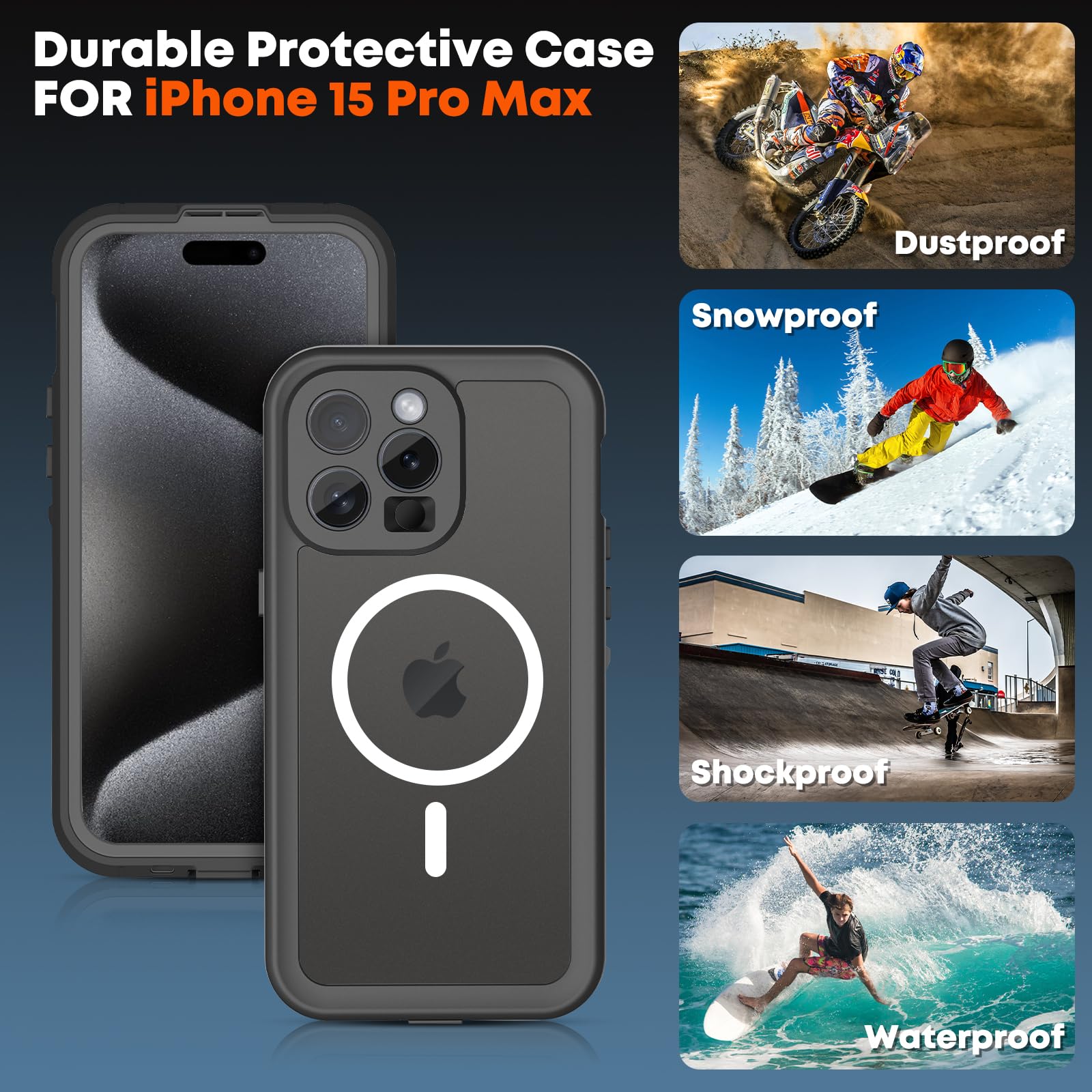 BDIG Funda iPhone 15 Pro MAX Impermeable, Protección de 360 ​​Grados Protector de Pantalla Completa, IP68 Funda a Prueba de Golpes Compatible con iPhone 15 Pro MAX 6.7 Pulgada, Negro