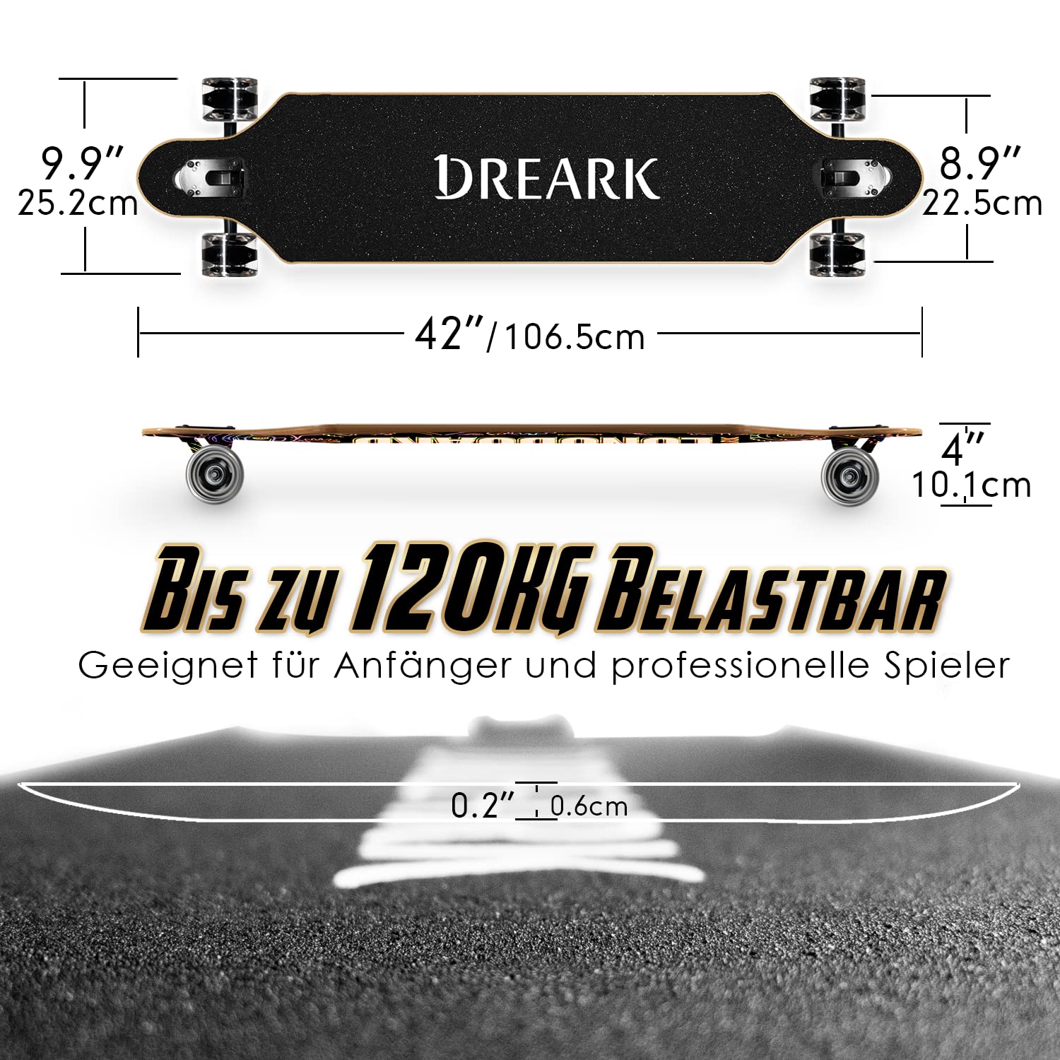 Longboard 100 cm, roulements à billes ABEC-11, 8 couches d'érable, skateboard Cruiser complet, jusqu'à 120 kg, avec outil en T et roues clignotantes en polyuréthane, pour adultes, filles, garçons, débutants.