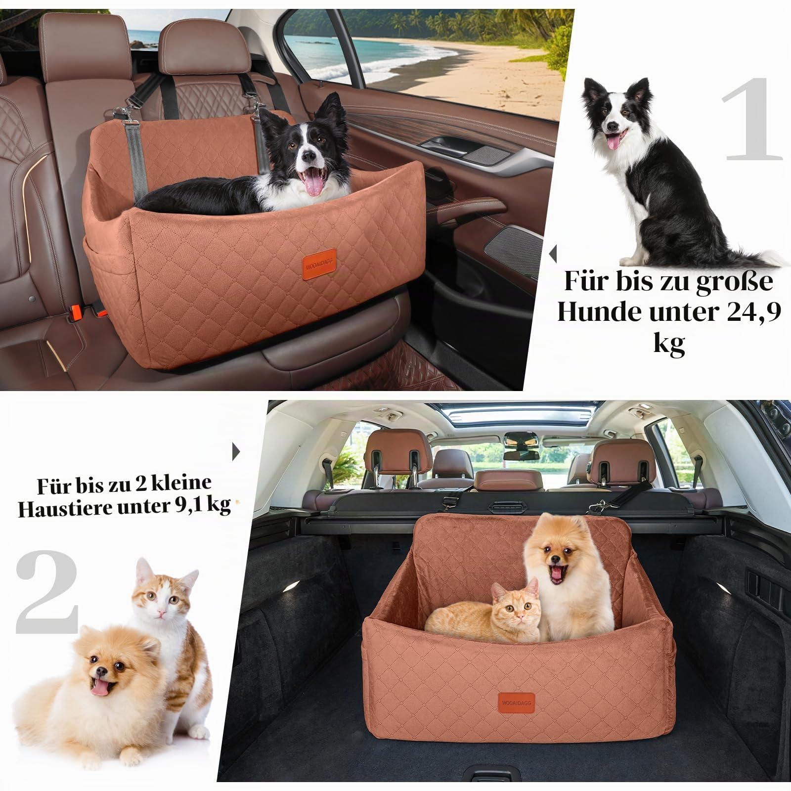 Wooaidagg Dog Car Seat for Large Size Dog Up to 55lbs,Easy to Install Car Dog Bed with Super Soft Fabic and Filling in Memory Foam,Fully Detachable and Washable Pet Car Seat(Brown,Large)