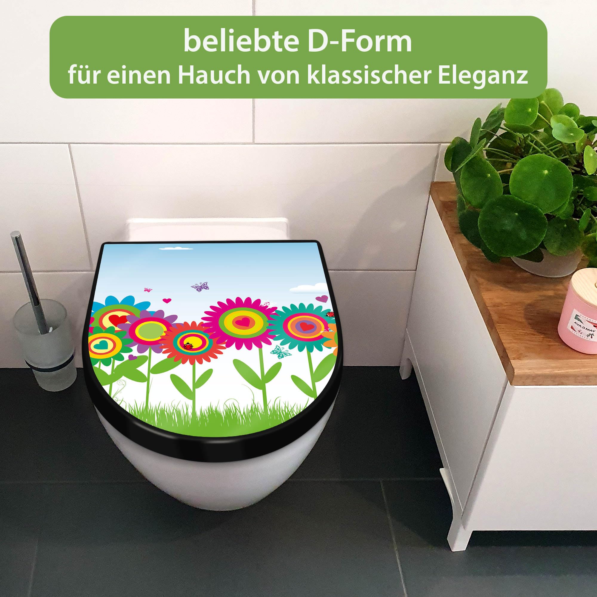 banjado WC Sitz mit Absenkautomatik D Form - Toilettendeckel mit Absenkautomatik D Form - Klodeckel Softclose - stabile Klobrille - Toilettensitz Schwarz - Motiv Bunte Blumen