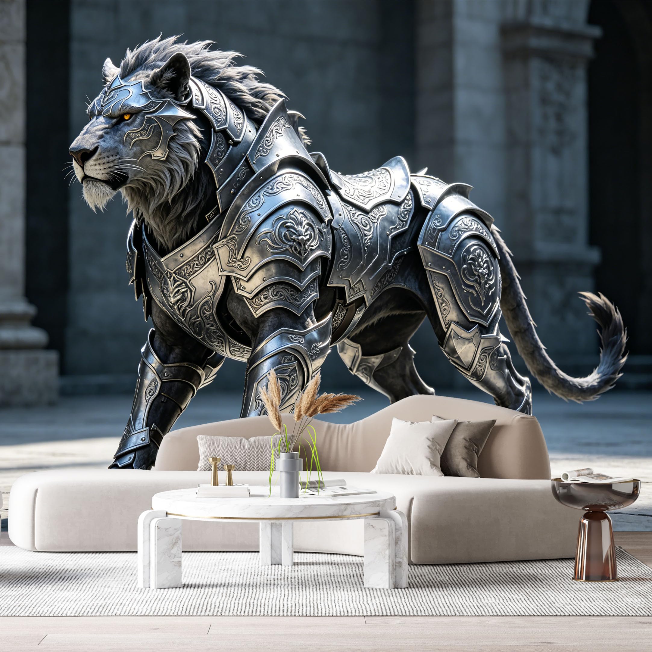 Custom Size Wall Mural Armored Lion Mech Metallic Warrior Futuristic Fantasy Animal Battle Beast 3D Art SelfAdhesive Art Prints Removable Large Wallpaper Esports Room Game Room Studio