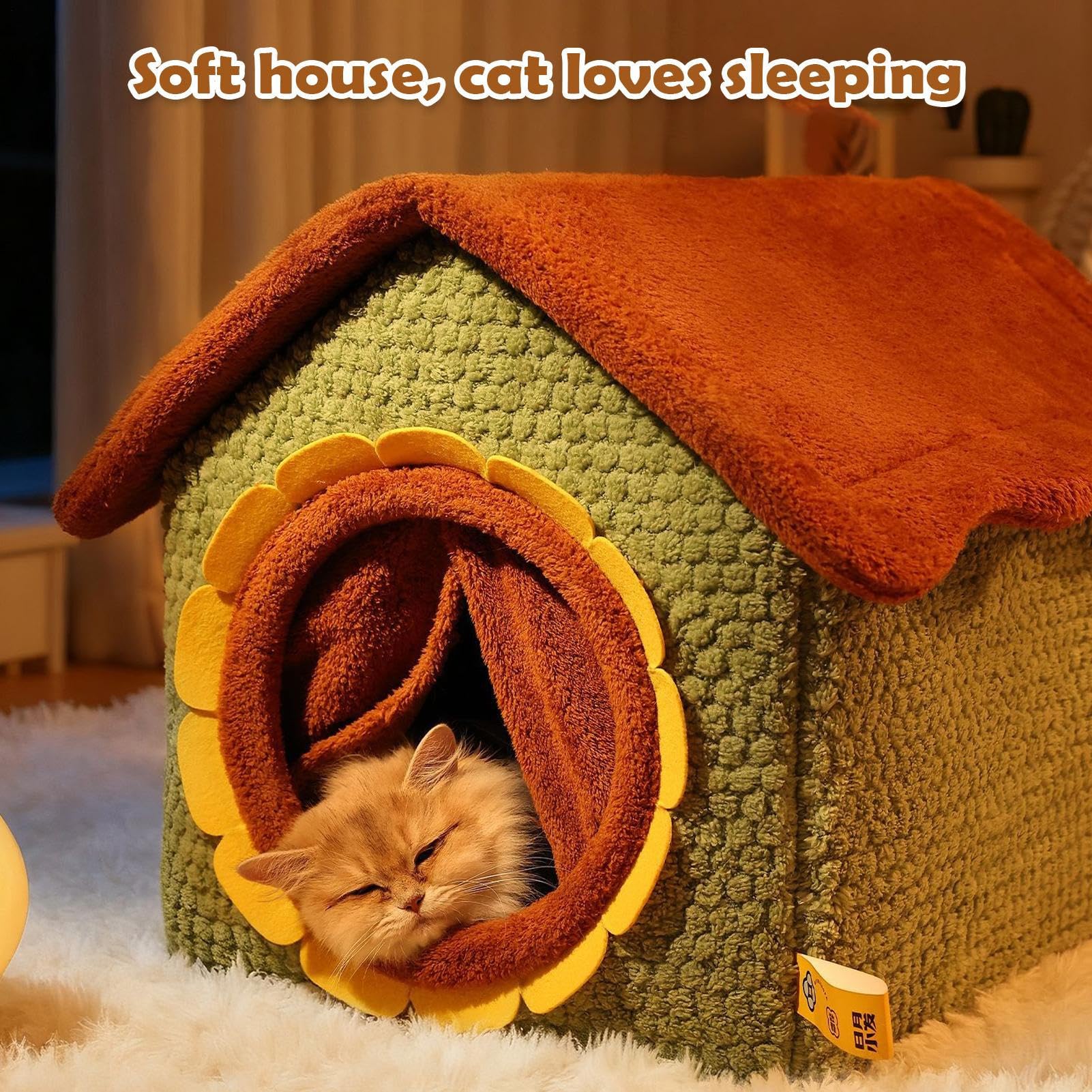 Casa Para Gatos Casa Cálida Cerrada Plegable | Cama Cueva Extraíble De Gatos Con Puerta De Girasol Para Cachorros, , Mascotas Pequeñas, Jugar En Interiores, Hogar,
