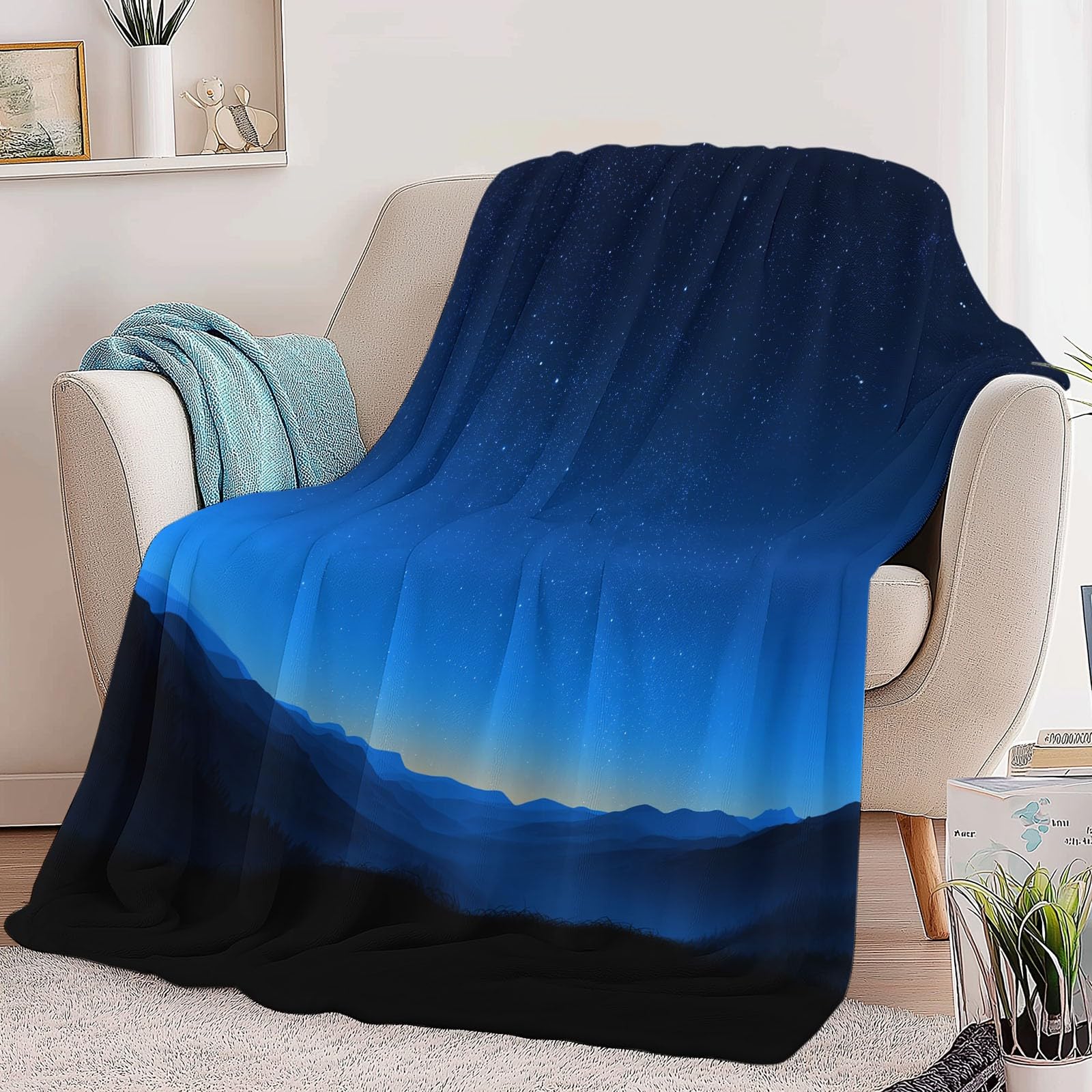 Koc Sherpa 200 x 200 cm Gwiaździsty Nocny Widok Góry Plaid Ciepły i wygodny koc Granatowy, Dwustronny, Hipoalergiczny, Na Krzesło Sofa Łóżko Biuro