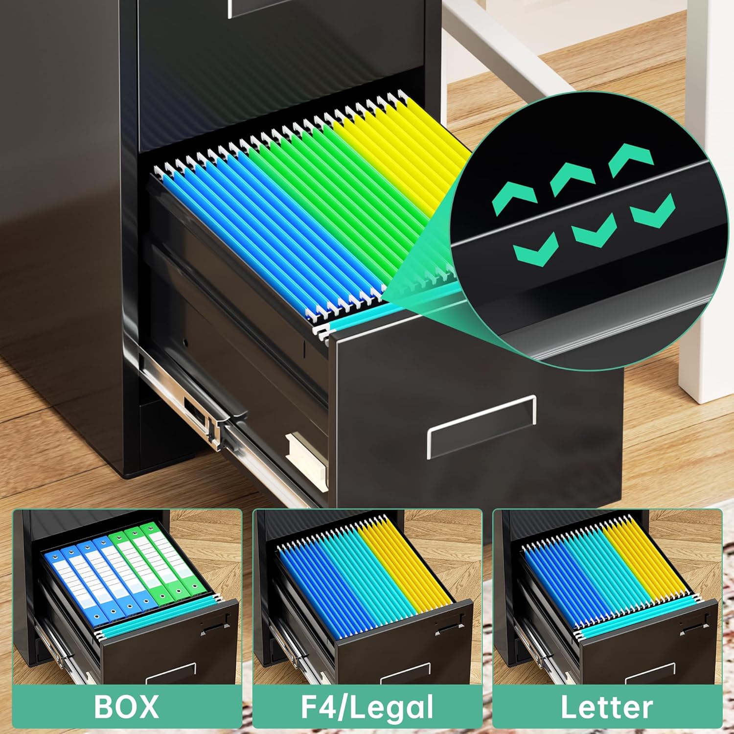 Bonusall Vertical File Cabinet with Lock, 4 Drawer Locking Vertical Filing Cabinet for Legal/Letter Size, Metal Horizontal File Organizer with Hanging Rack for Home Office, Heavy Duty, Black