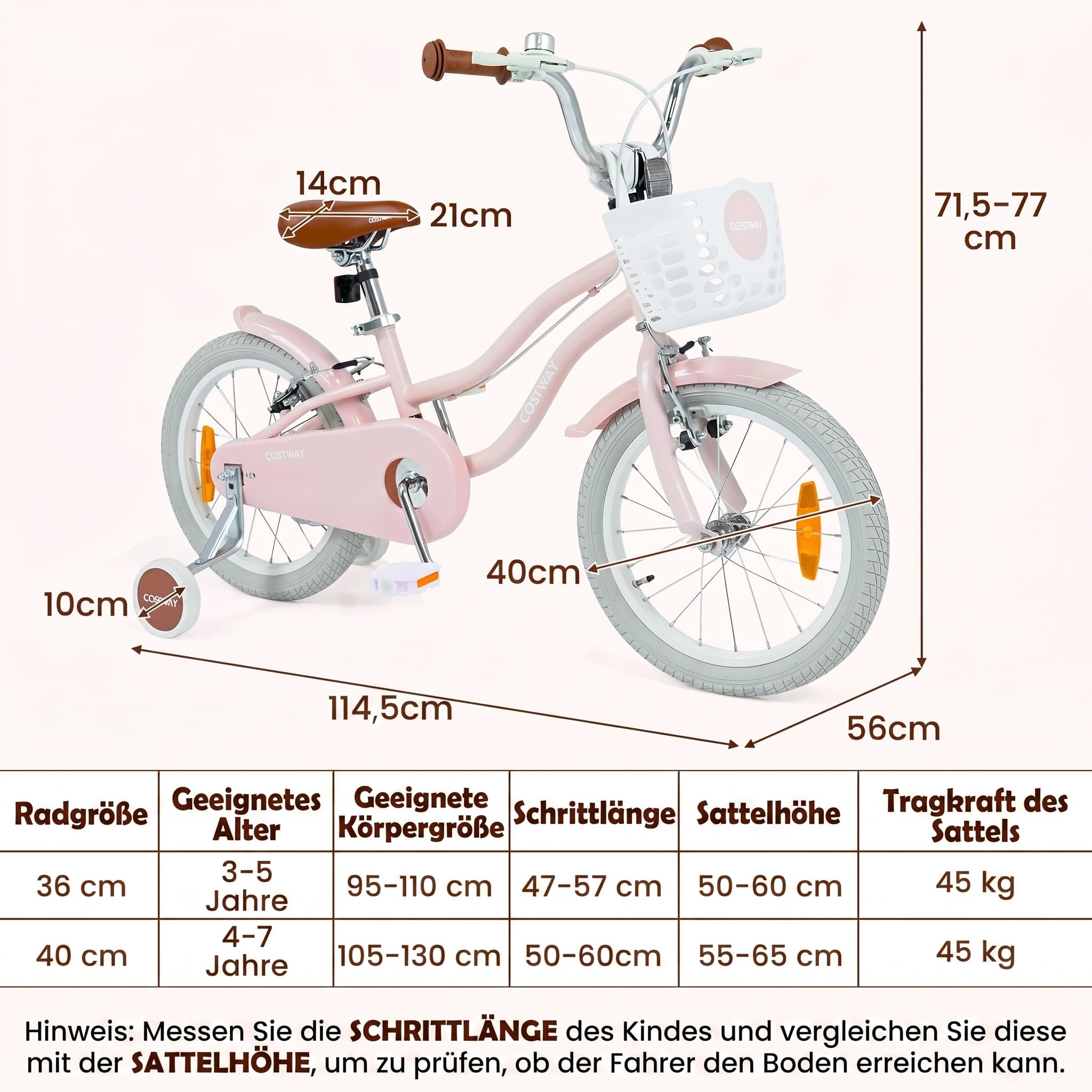COSTWAY Kinderfahrrad mit Korb & Klingel, 14/16 Zoll Mädchenfahrrad mit höhenverstellbarem Sattel & Lenker, Fahrrad mit Doppelbremsen, abnehmbaren Stützrädern für 3-7 Jahren Mädchen
