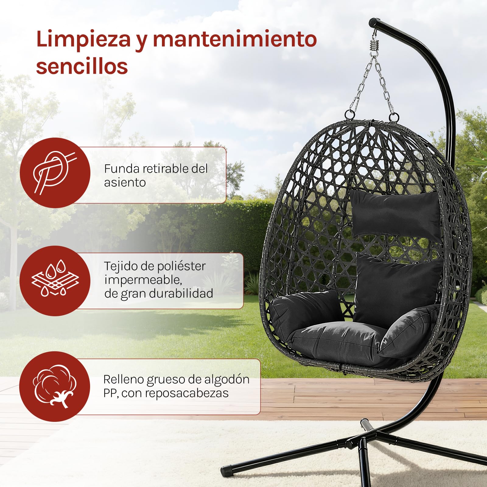 WOLTU Silla Colgante, Hamaca Columpio con Cojín y Reposacabezas, Aspecto Ratán PE y Estructura de Metal, Carga 150 kg, para Jardín, Patio y Terraza, 102x100x196 cm, Negro