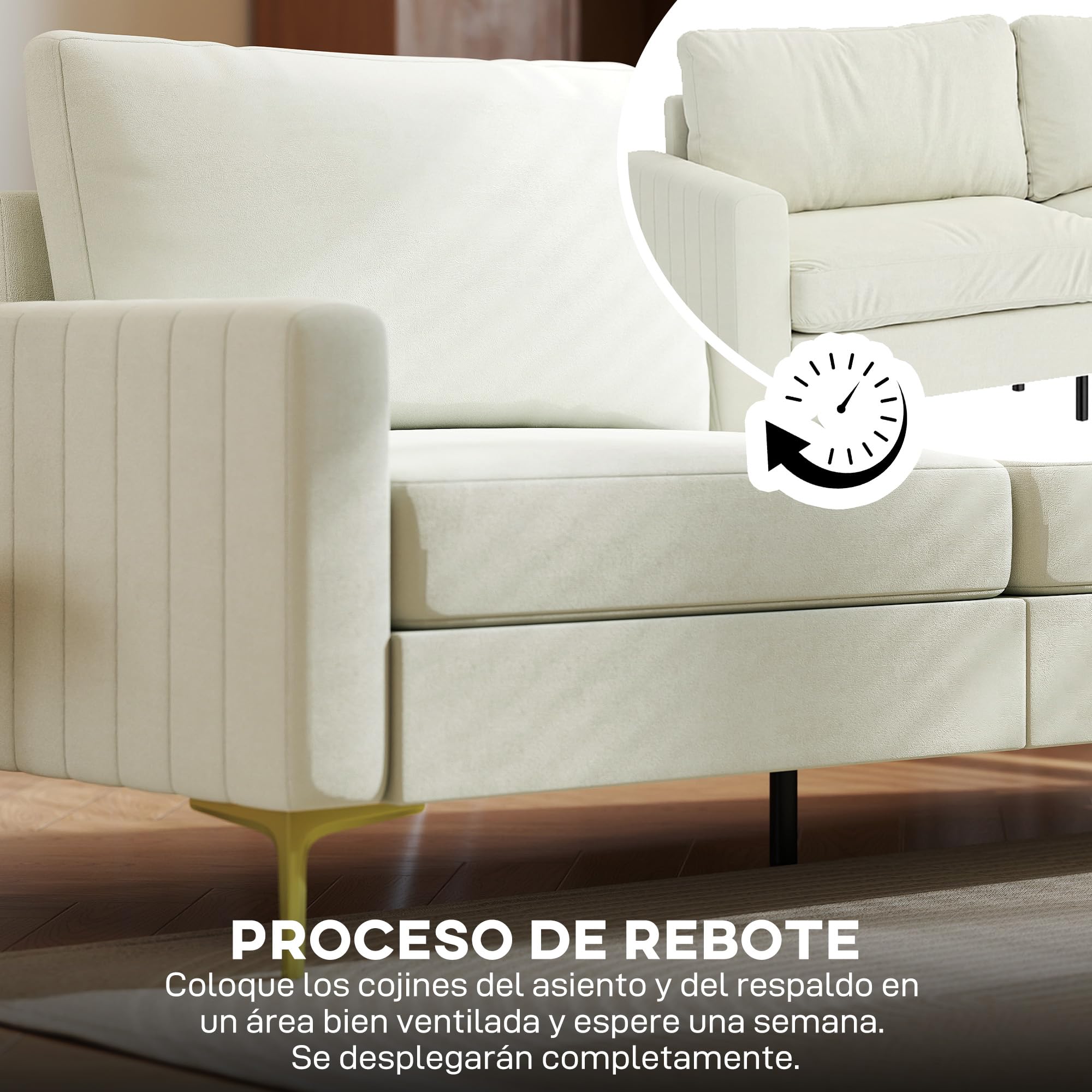 HOMCOM Sofá de 3 Plazas Tapizado en Terciopelo Sofá de Salón 181 cm Crema | Cojines Gruesos, Patas de Metal, Estructura de Madera, para Sala de Estar, Dormitorio, Oficina