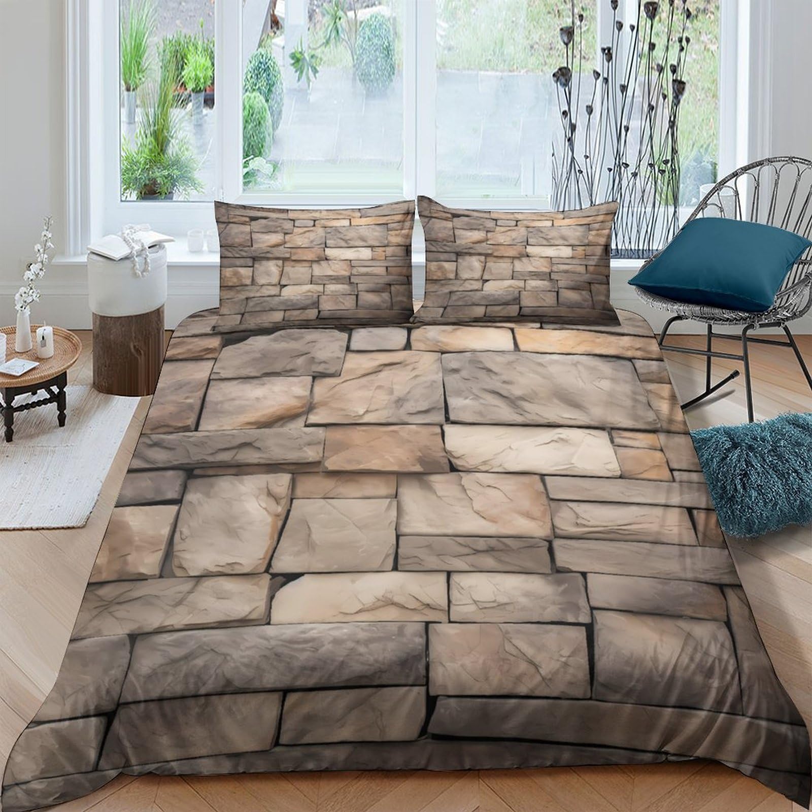 XFKLYNVCJ 3D Printed Stone wall texture Quilt Cover Premium Polyester Rustic architectural Bedding Cover Easy Care Quick Drying for Housewarming Gift New Homeowners Use Single（140x200cm）