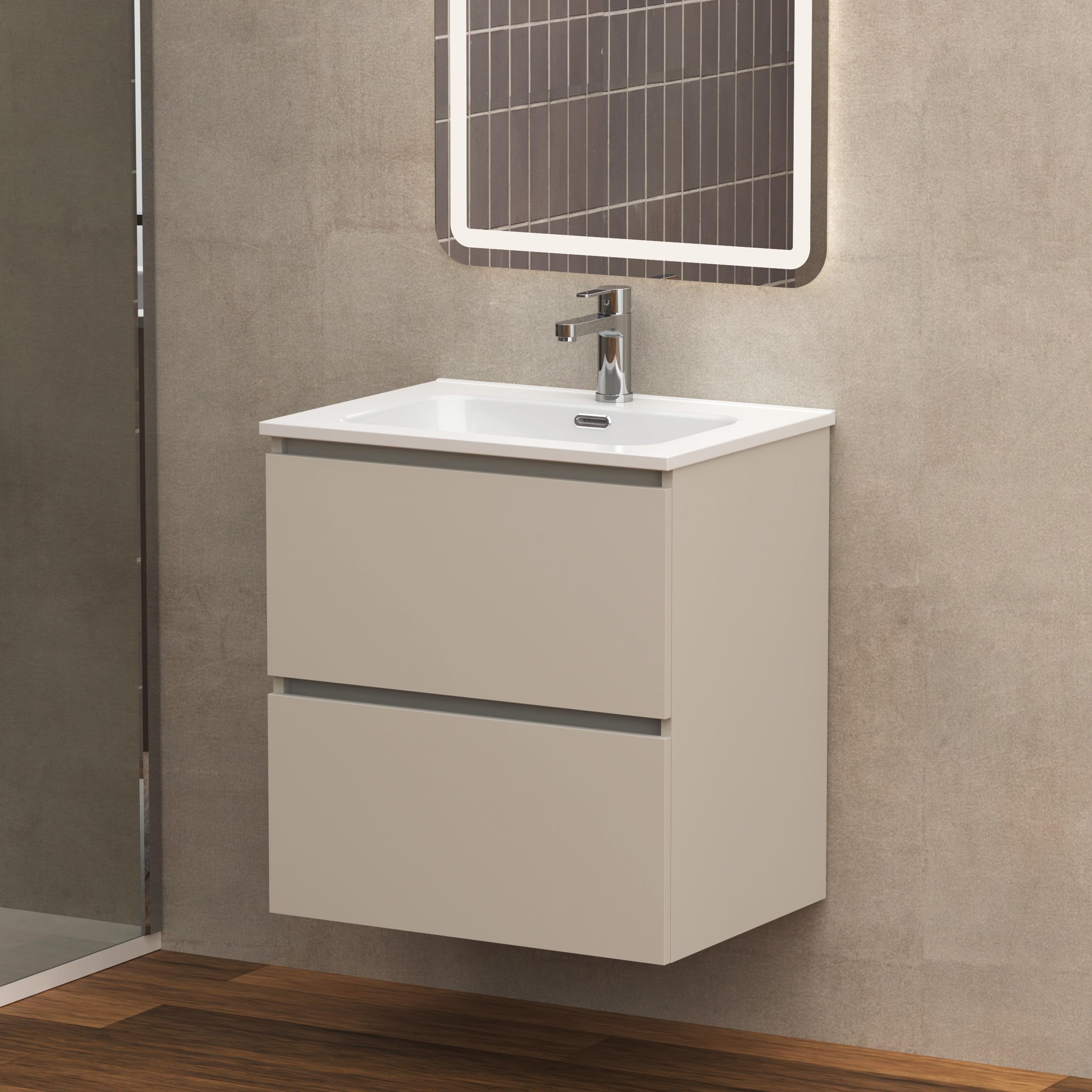 Baikal Mueble de Baño Klay. Mueble MONTADO. 2 Cajones Suspendido con Lavabo. Armario de Baño. Lavabo Ceramico. 70cm Visón.