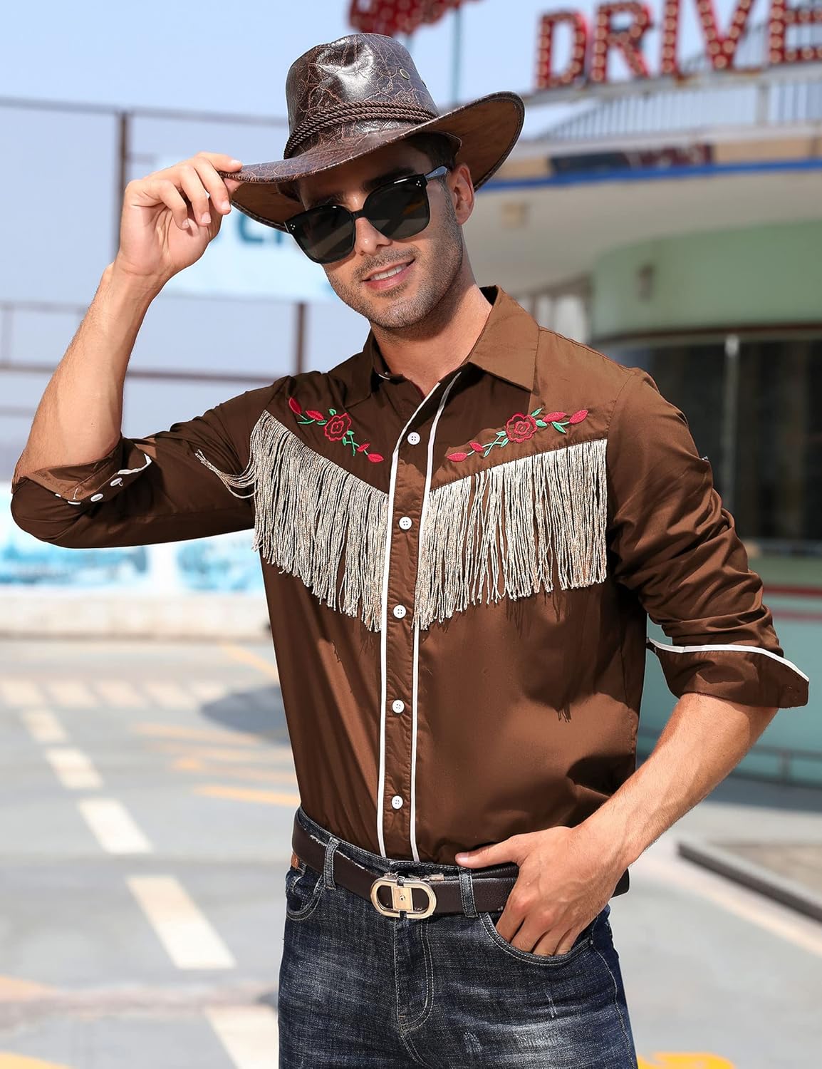 TURETRENDY Men's Western Cowboy Fringe Shirt Long Sleeve Rose Embroidered Slim Fit Button Down Shirt - Image 2