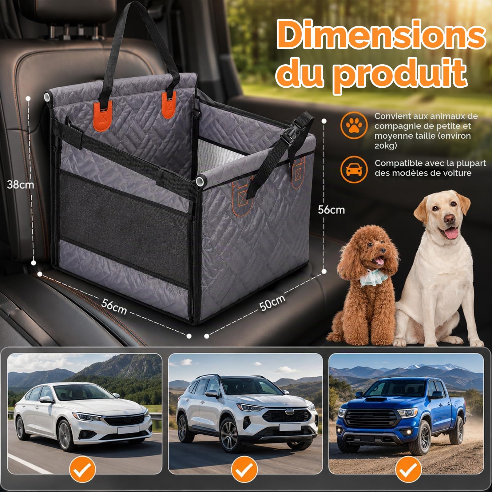 Siège unique renforcé pour chien avec ventilation et espace de rangement, imperméable, antidérapant, avec fenêtre en filet, siège arrière renforcé pour voiture, SUV, pick-up, gris, 56 x 56 x 5 cm