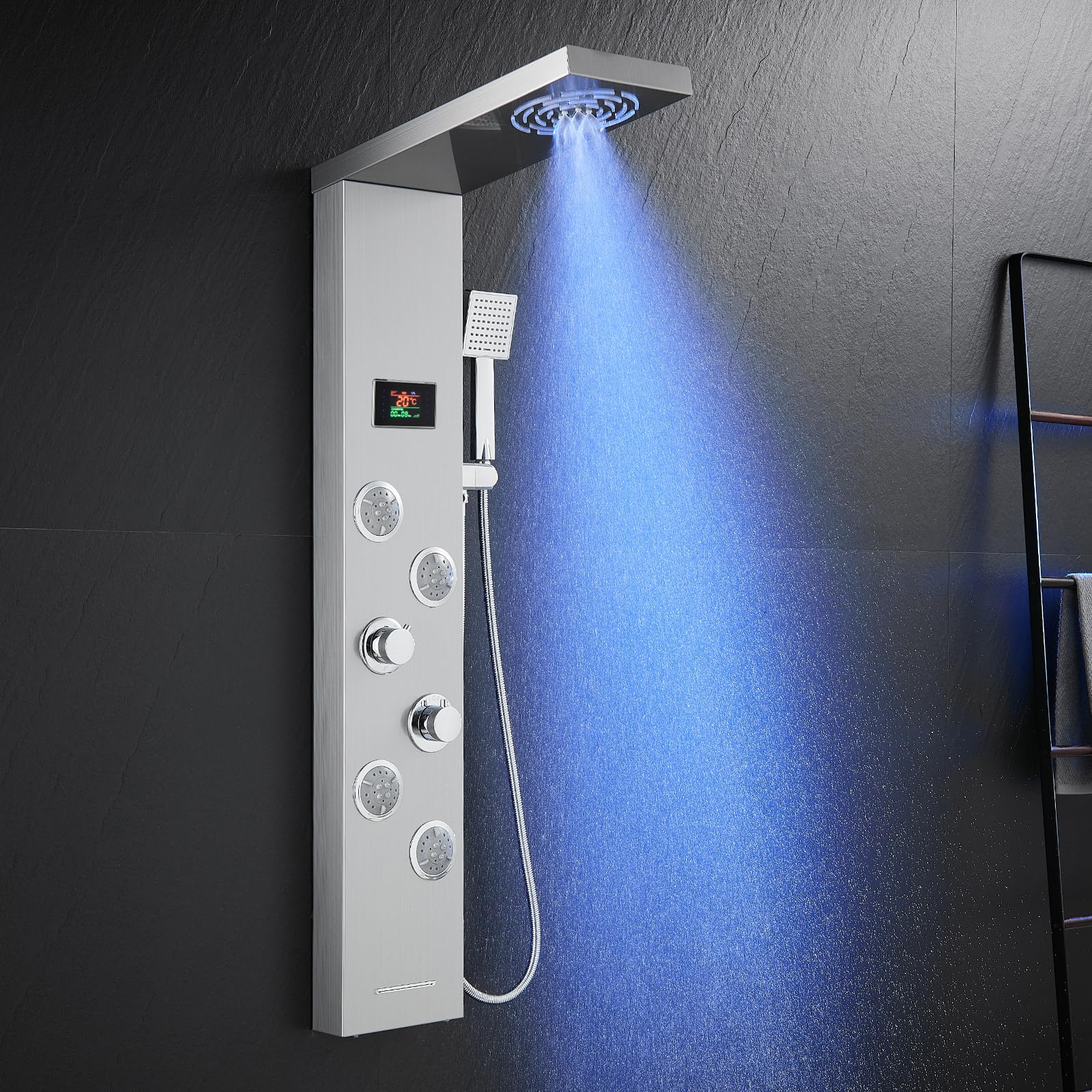 ROVOGO Duschpaneel mit Armatur Edelstahl 304, Duschpaneele ohne Batterie mit Temperaturanzeige und LED Licht, 5 Duschmodi - Nebel, Regen, Massagedusche, Wanneneinlauf, Handbrause, Duschsäule Gebürstet