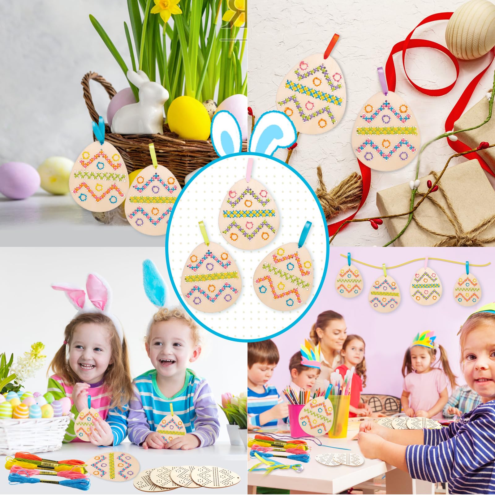 Kit Punto Croce Uova Di Pasqua - 10 Forme In Legno Con Filati Colorati Per Bambini - Foto 12