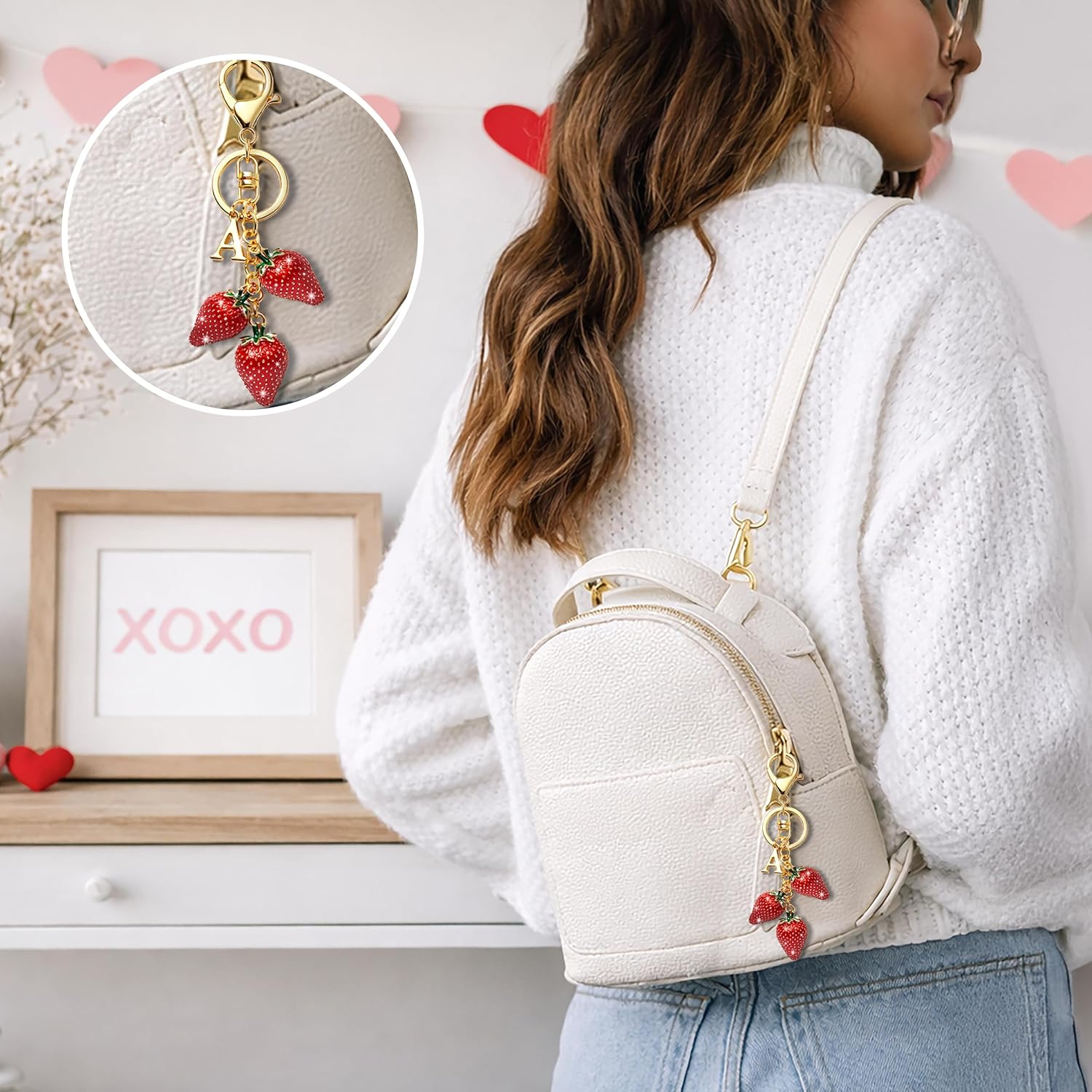 Initial Letter Strawberry Keychain, Cute Gold Personalized Charm for Bags Purses Backpacks, Girls and Women Gifts - Image 9