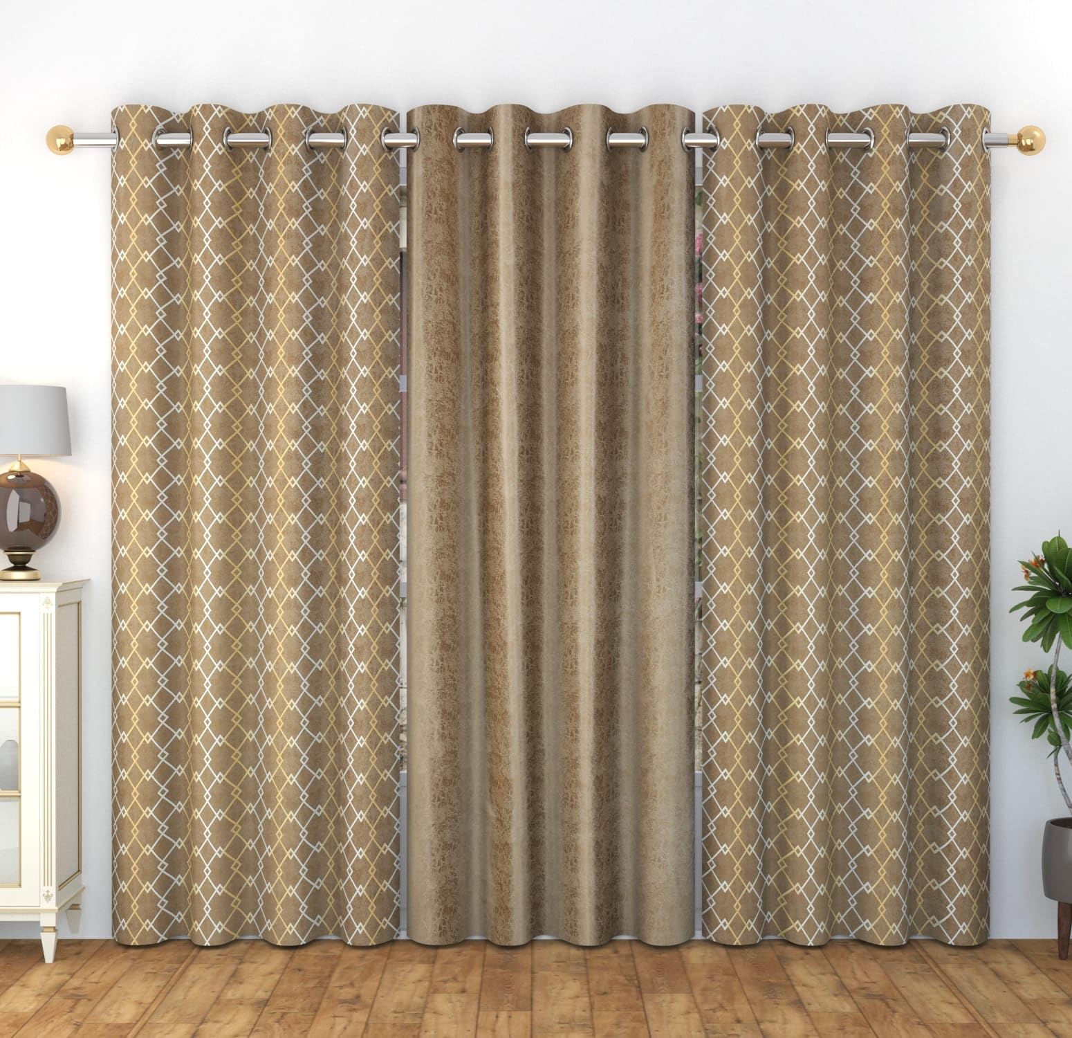 WO FLORA Home Decor Check Designer Long Door Curtains 9 feet Set of 3 for Drawing Room/Living Room/Hall Room Parde for Door, Brown