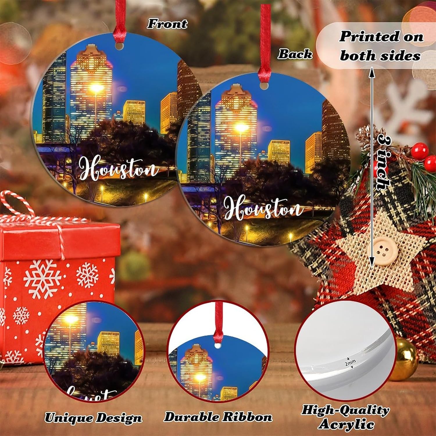 Texas USA Downtown Cityscape Personalized Christmas Ornaments 2023 Houston Travel Christmas Decorations for Tree Clear Acrylic Ornaments Unique Winter Holiday Hanging Decorations Pendant
