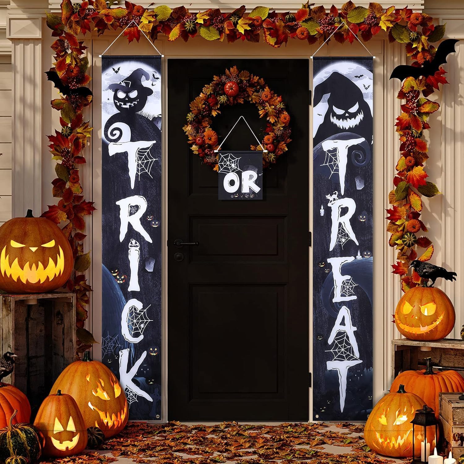 3Pcs Halloween Trick or Treat Signs - Halloween Welcome Banner for Porch, Gate, Garden, Door or Party Decor
