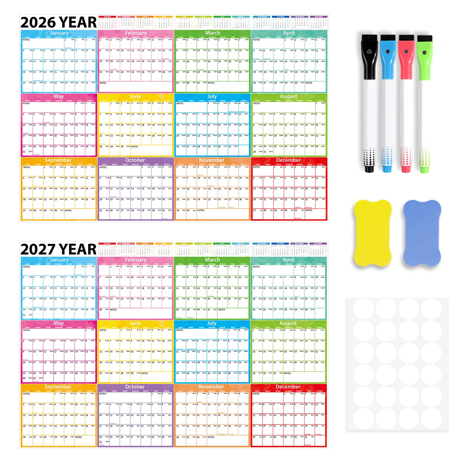 Jahres-Wandkalender 2026–2027, groß, laminiert, löschbar, Jahresplaner, nass und trocken abwischbar, 24 Monate, Jahreskalender für Büro, Schule, Zuhause, Organisation, Faltpaket, 121,9 x 81,3 cm